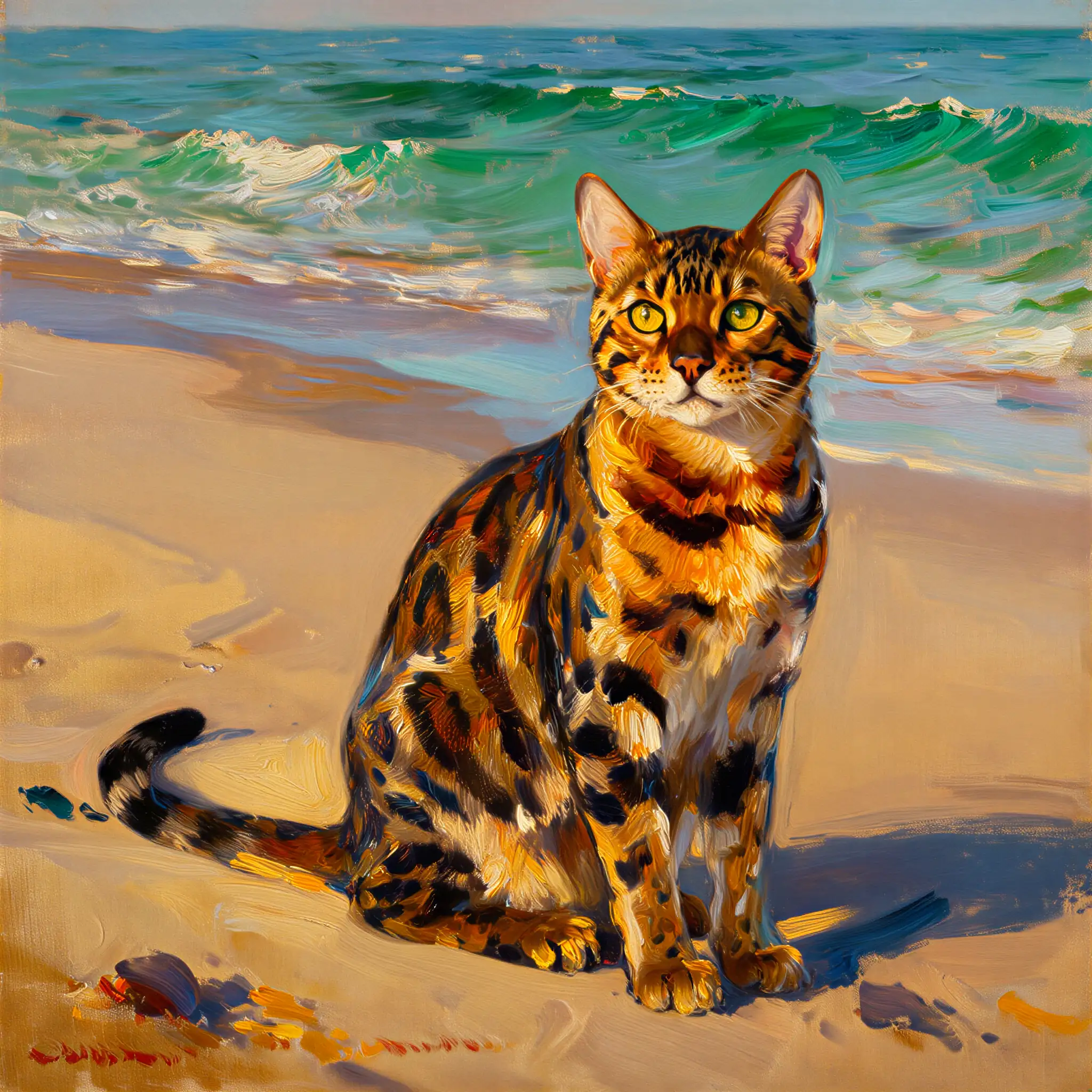 Custom oil painting portrait of a Bengal with rich, deep colors