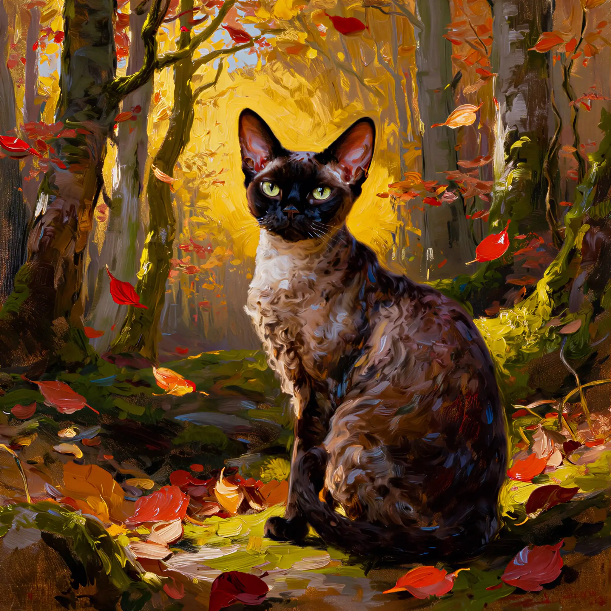 Custom oil painting portrait of a Devon Rex with rich, deep colors
