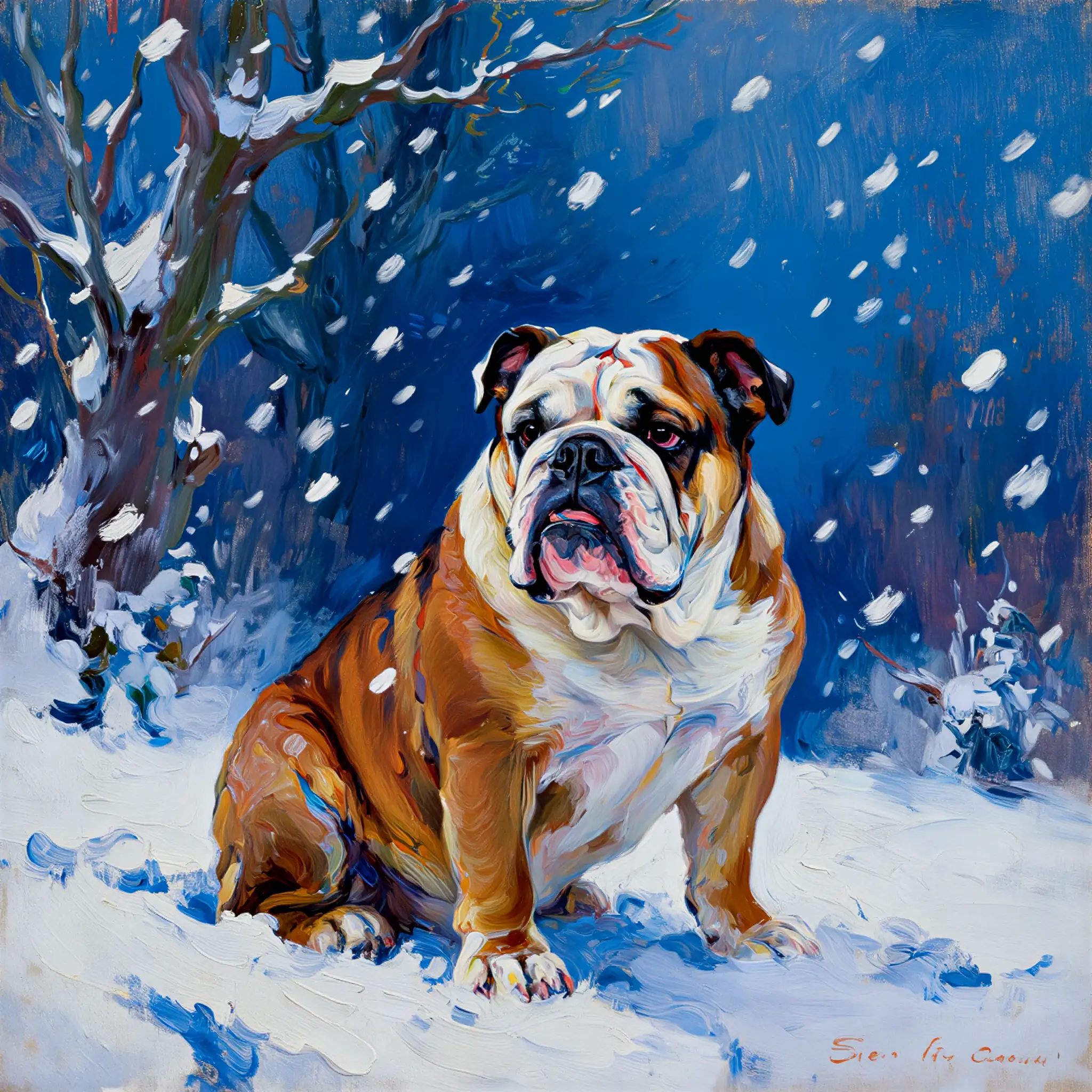 Custom oil painting portrait of an English Bulldog with deep, dignified colors