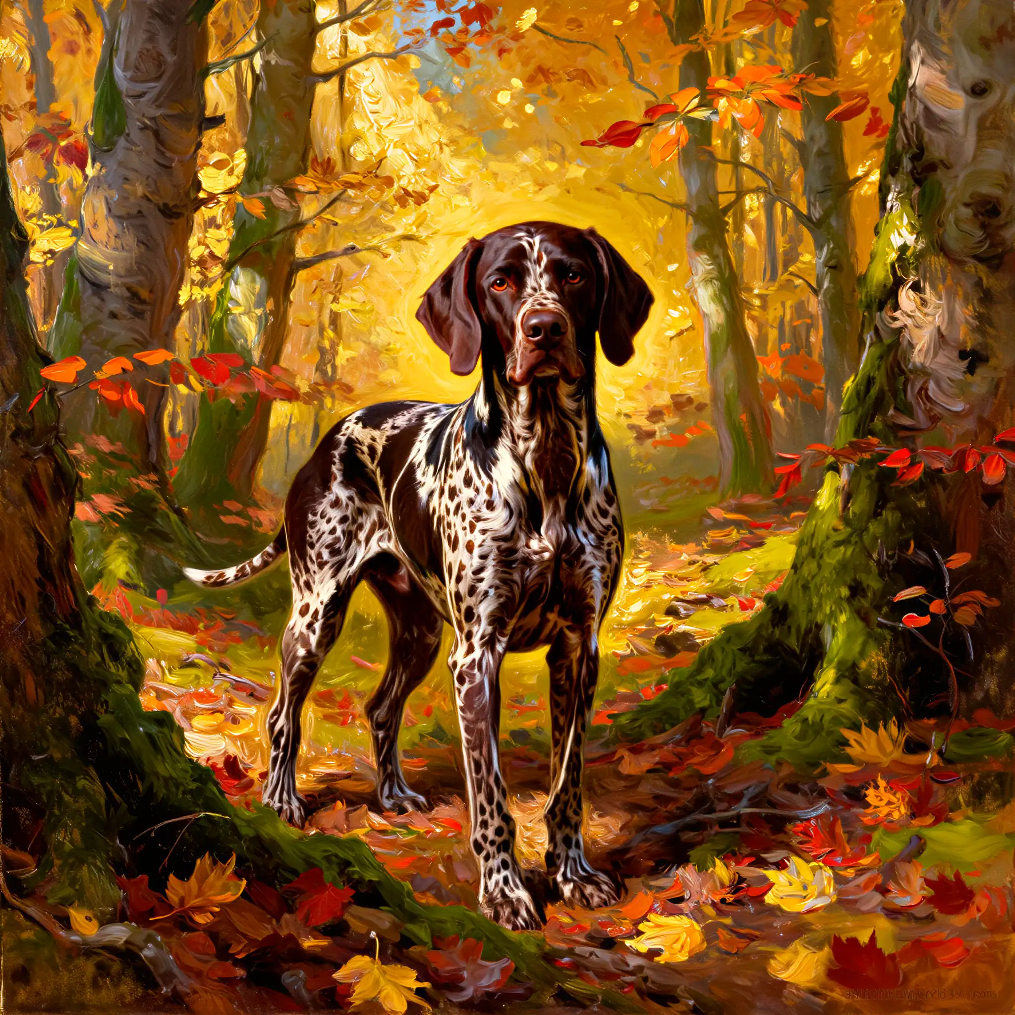 Custom oil painting portrait of a German Shorthaired Pointer with rich athletic energy