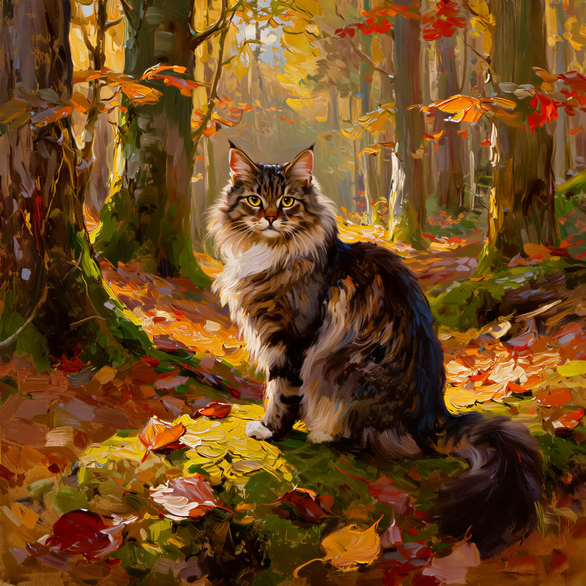 Custom oil painting portrait of a Norwegian Forest Cat with rich, deep colors