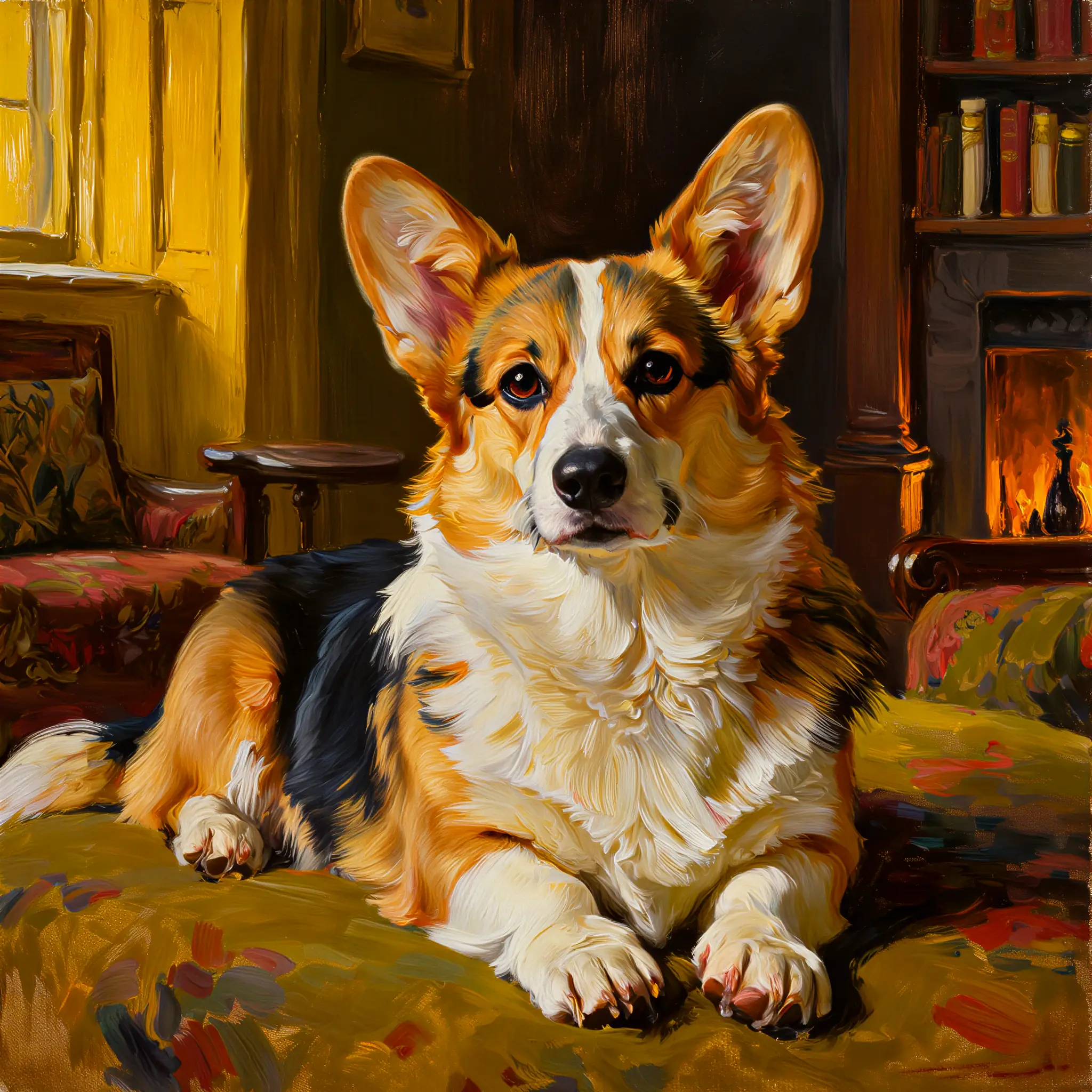 Custom oil painting portrait of a Pembroke Welsh Corgi with cheerful, vivid colors