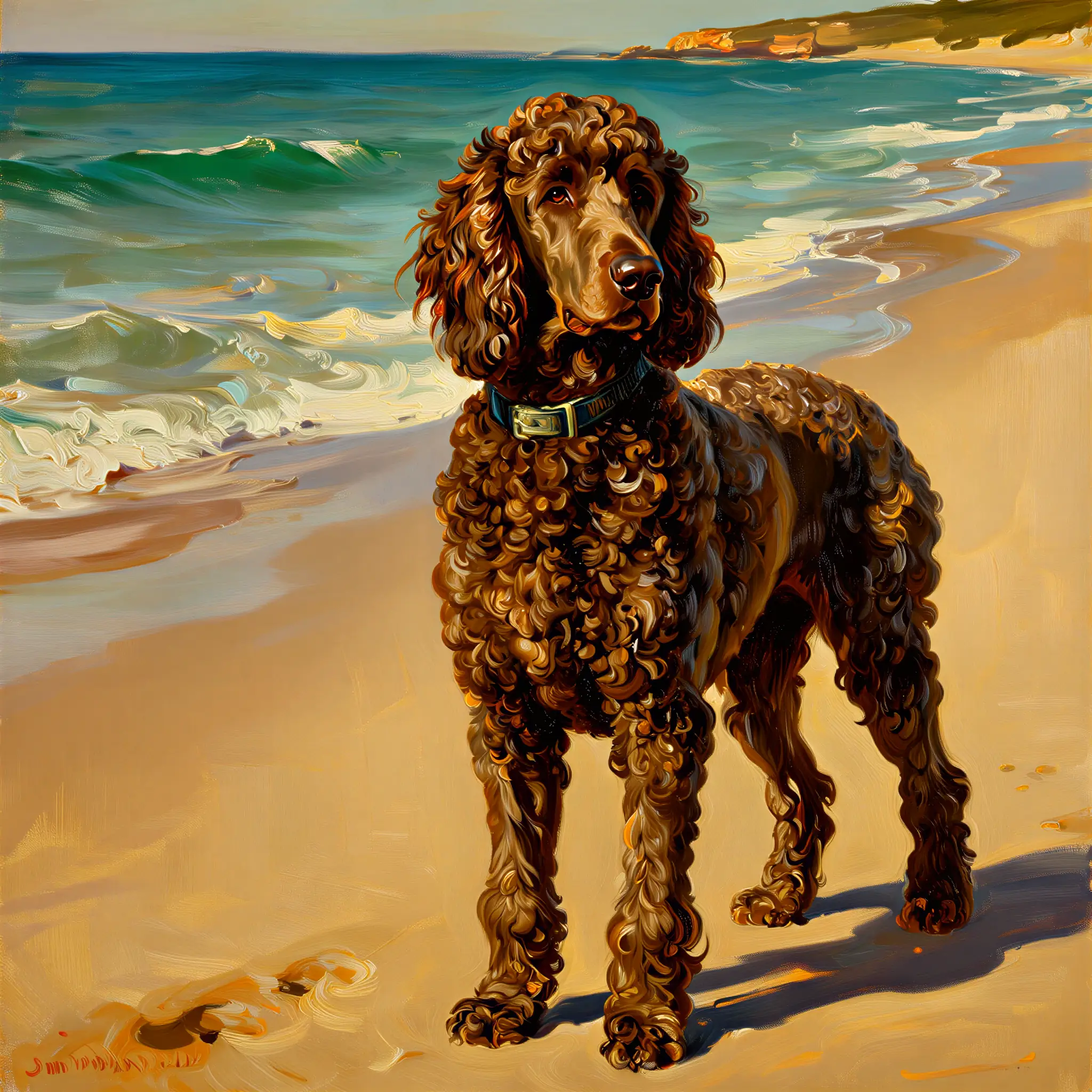 Custom oil painting portrait of a Poodle with elegant, refined brushwork