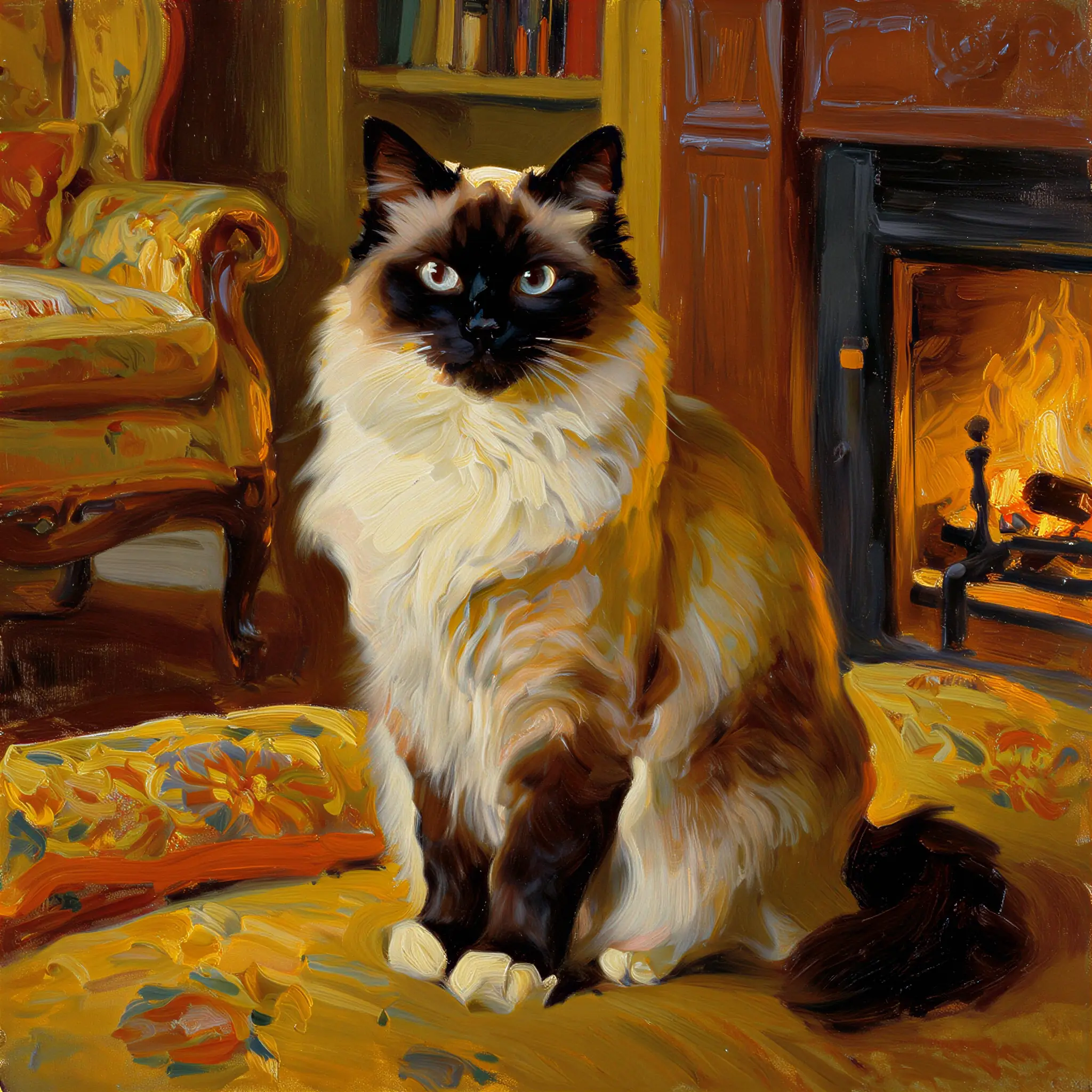 Custom oil painting portrait of a Ragdoll with rich, deep colors
