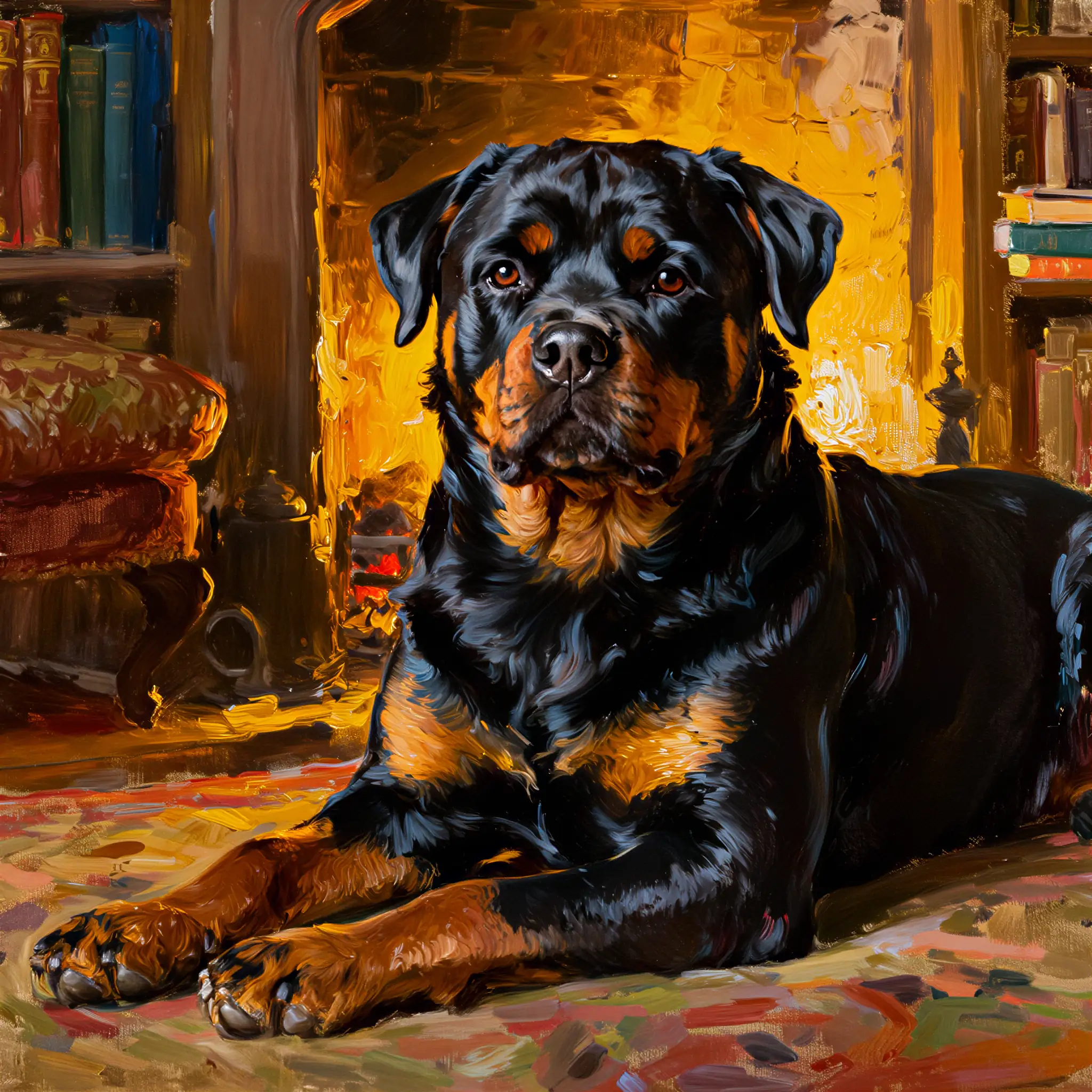 Custom oil painting portrait of a Rottweiler with powerful, rich tones