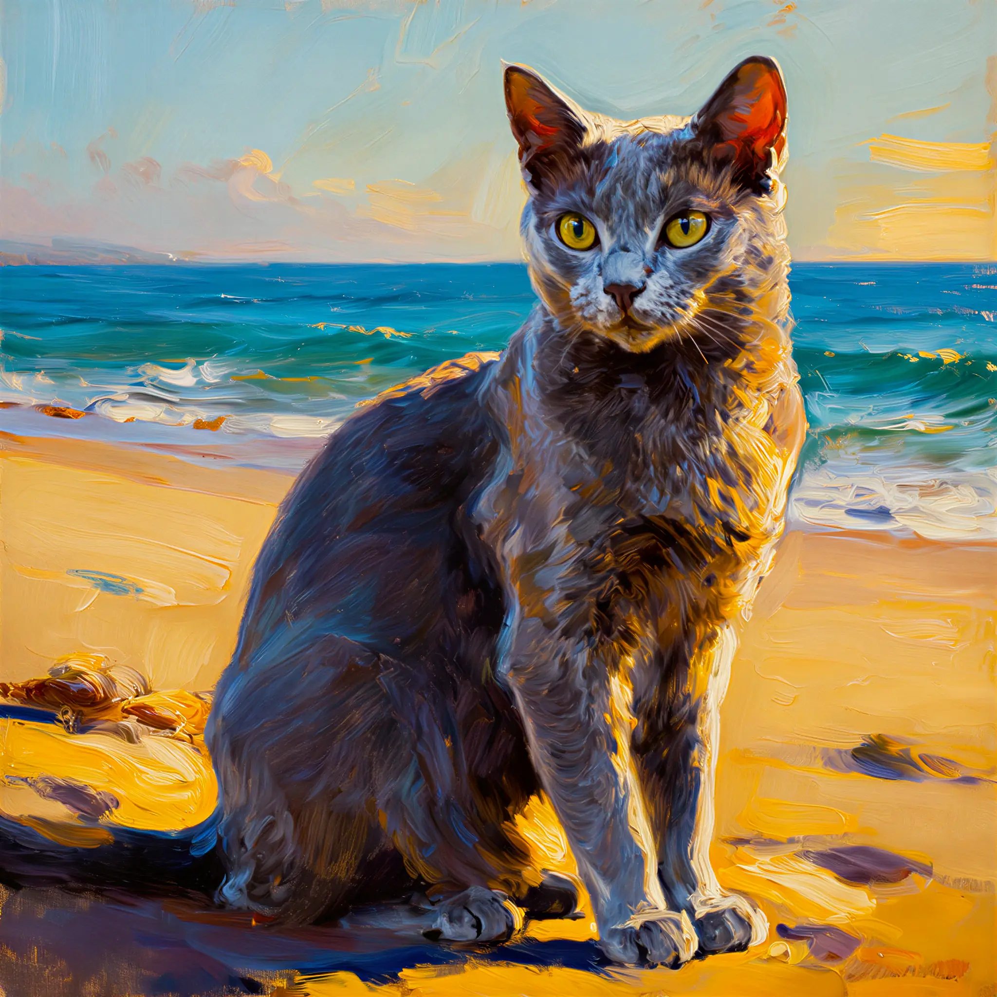 Custom oil painting portrait of a Russian Blue with rich, deep colors