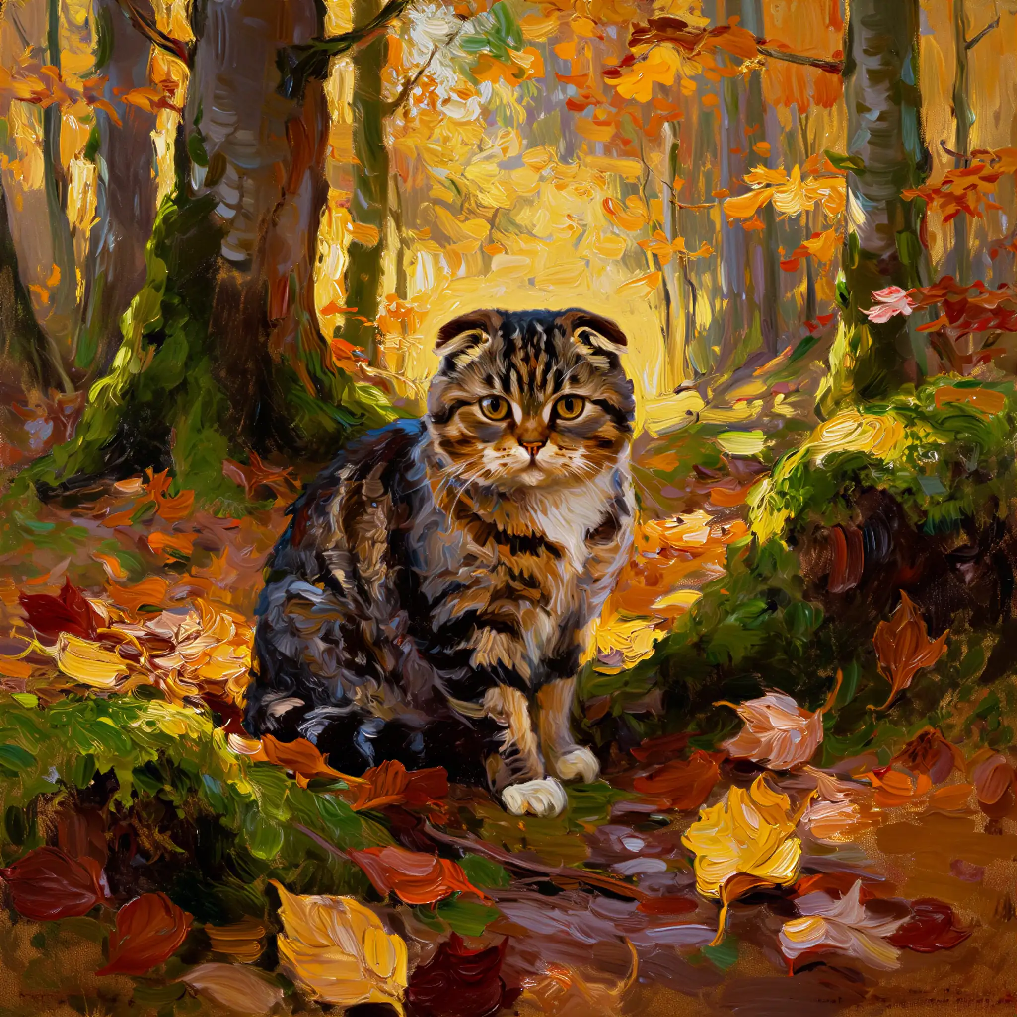 Custom oil painting portrait of a Scottish Fold with rich, deep colors