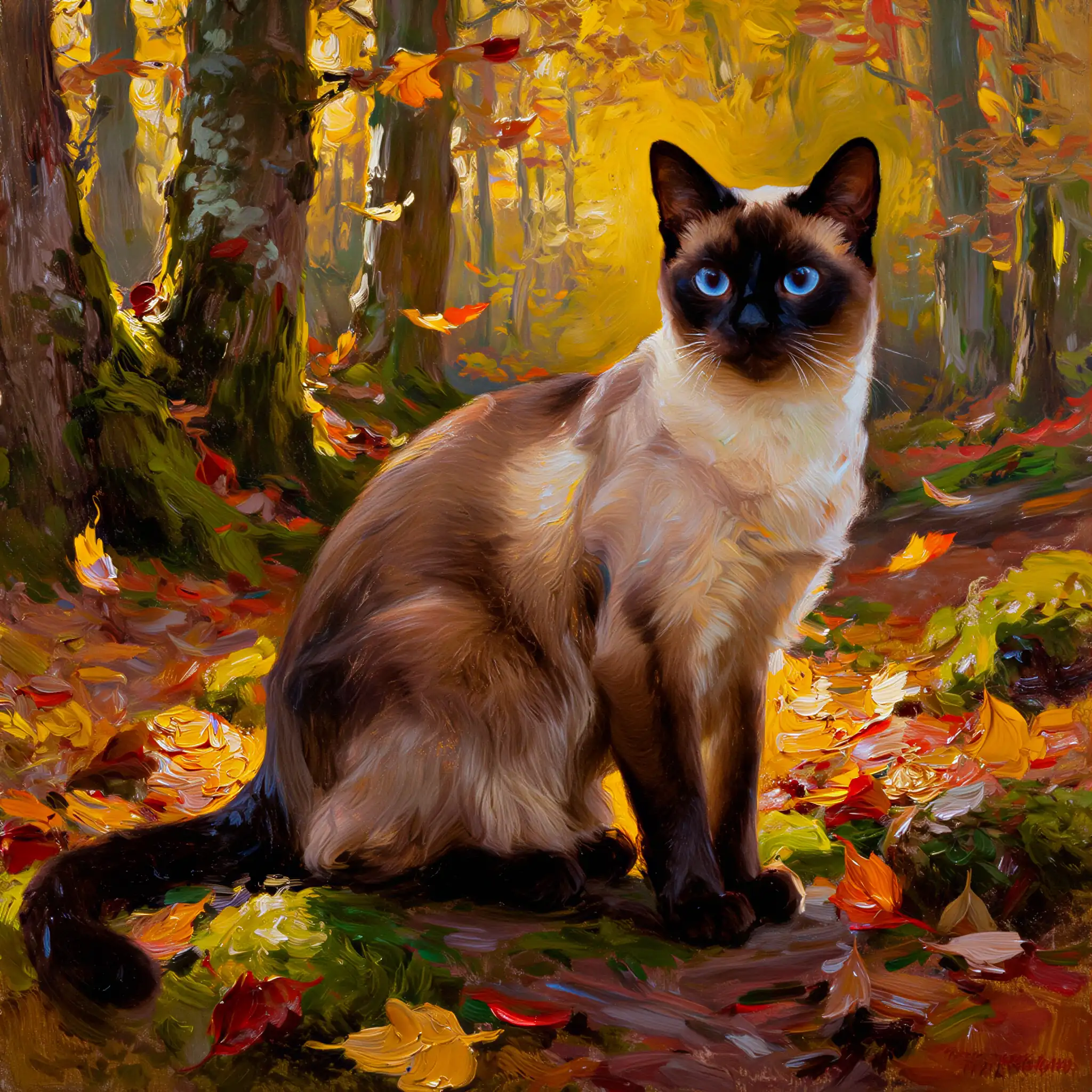 Custom oil painting portrait of a Siamese with rich, deep colors