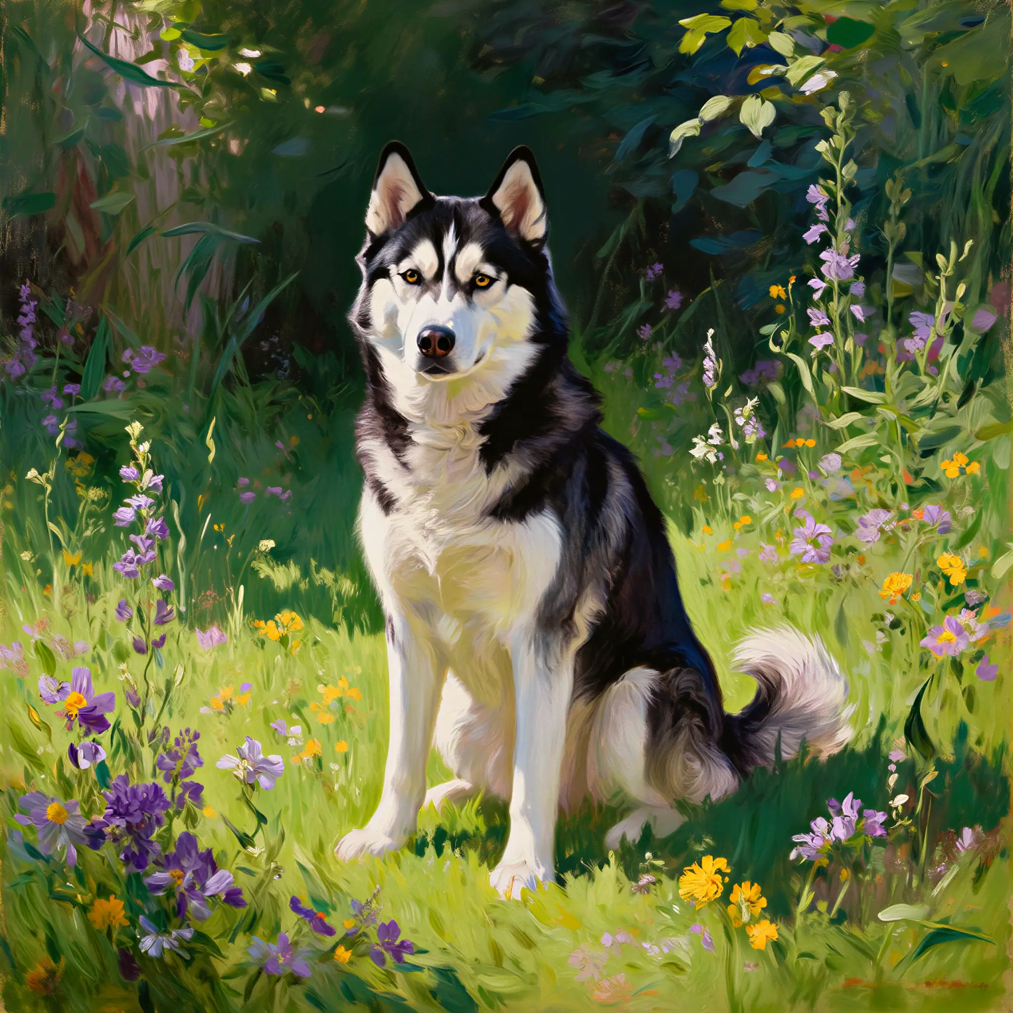 Custom oil painting portrait of a Siberian Husky with vivid arctic coloring
