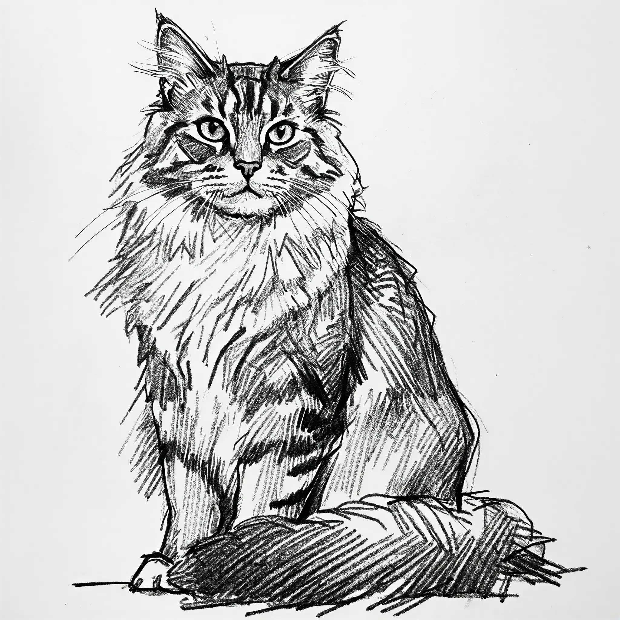 Custom pencil sketch portrait of a Norwegian Forest Cat
