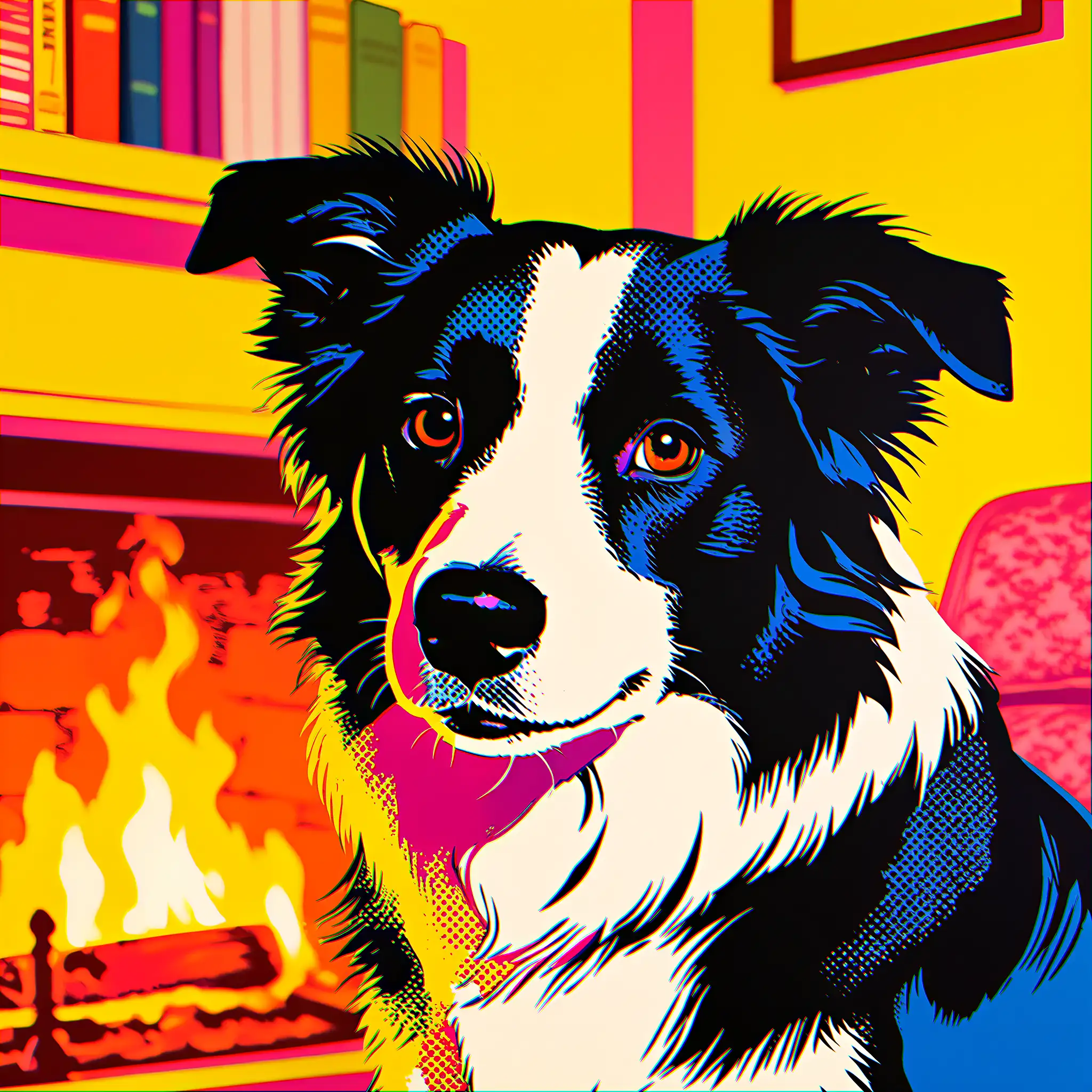 Custom pop art portrait of a Border Collie with bold, vibrant colors
