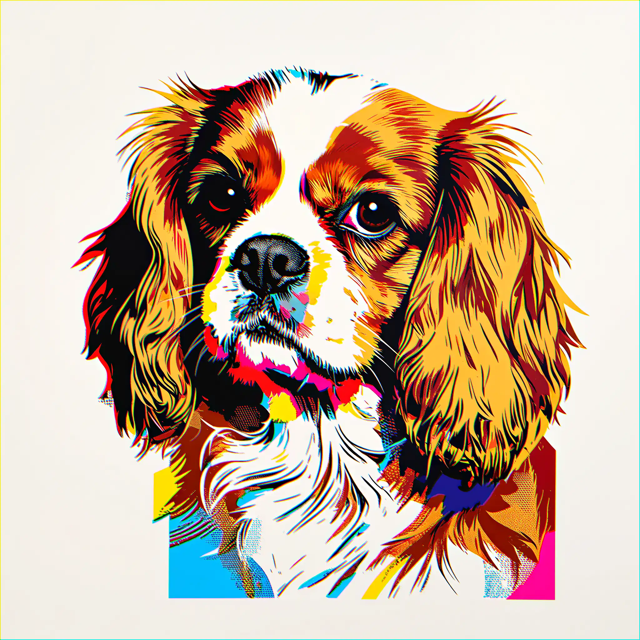 Custom pop art portrait of a Cavalier King Charles Spaniel with vivid modern styling