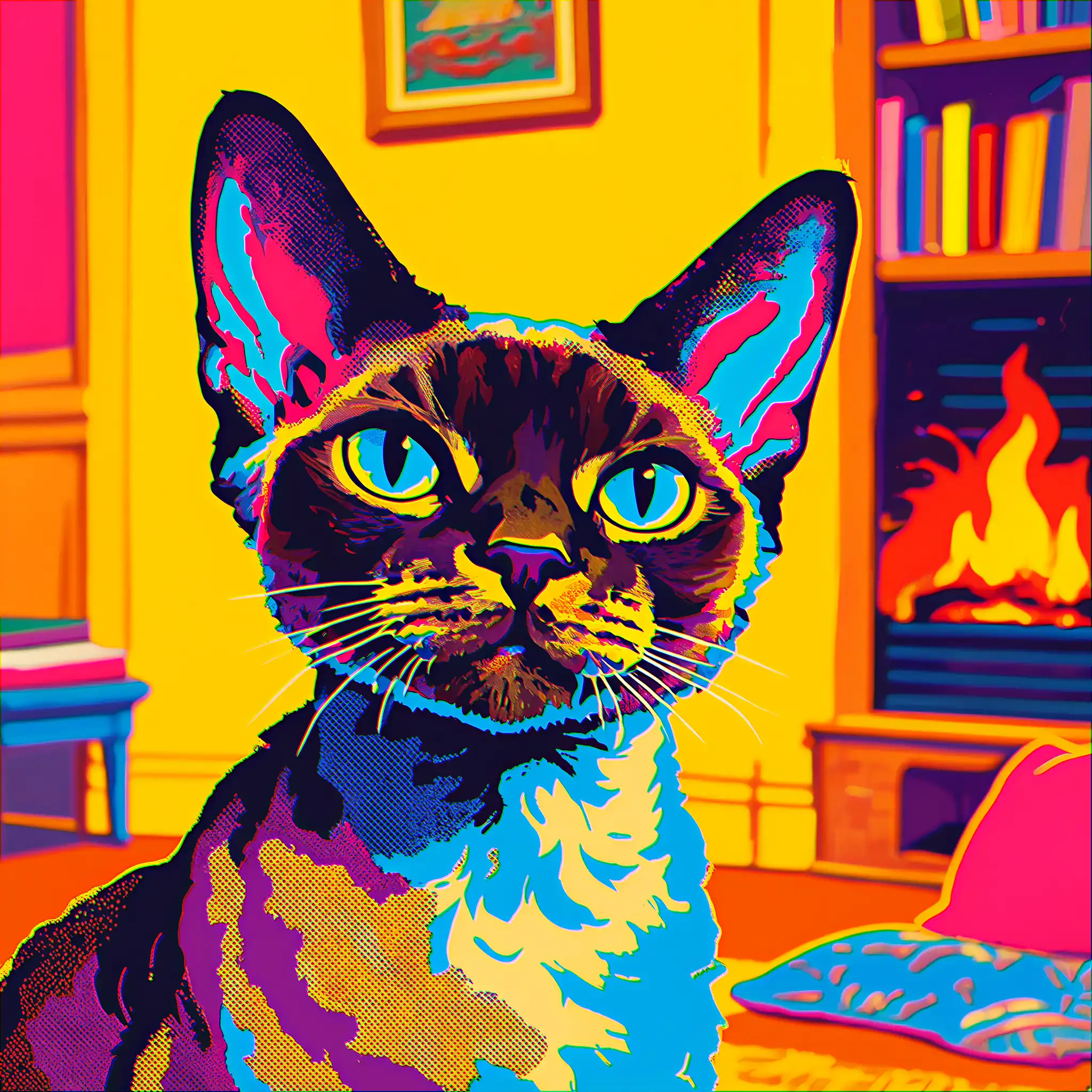 Custom pop art portrait of a Devon Rex with bold, vibrant colors