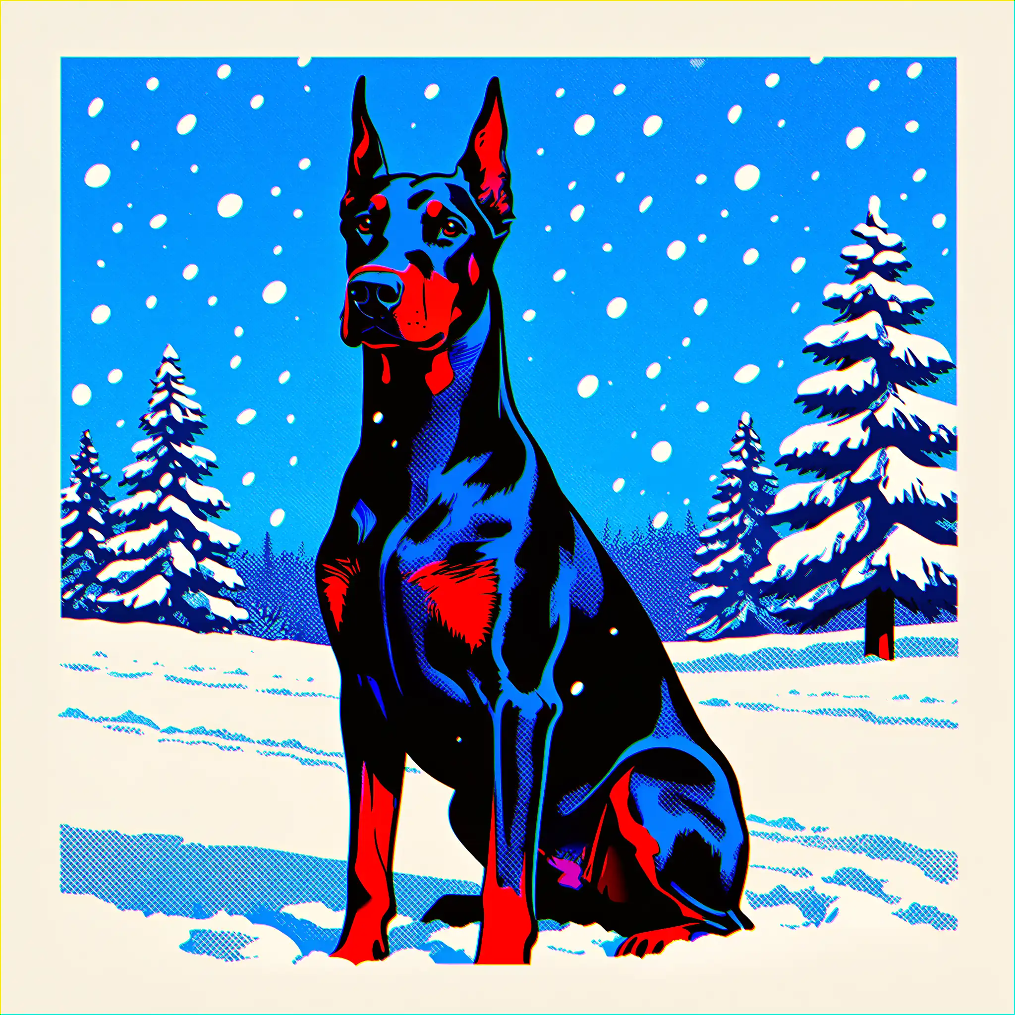 Custom pop art portrait of a Doberman Pinscher with striking graphic intensity