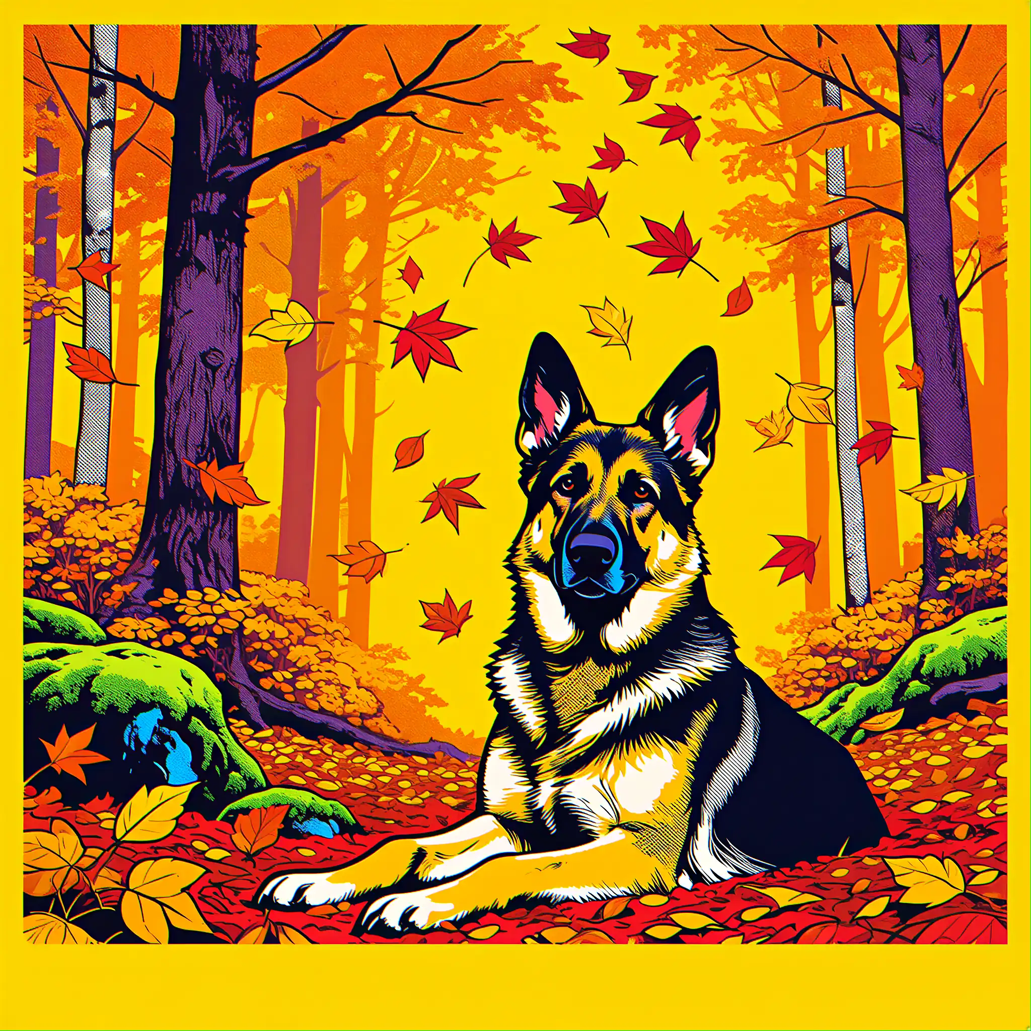 Custom pop art portrait of a German Shepherd with vivid high-contrast design