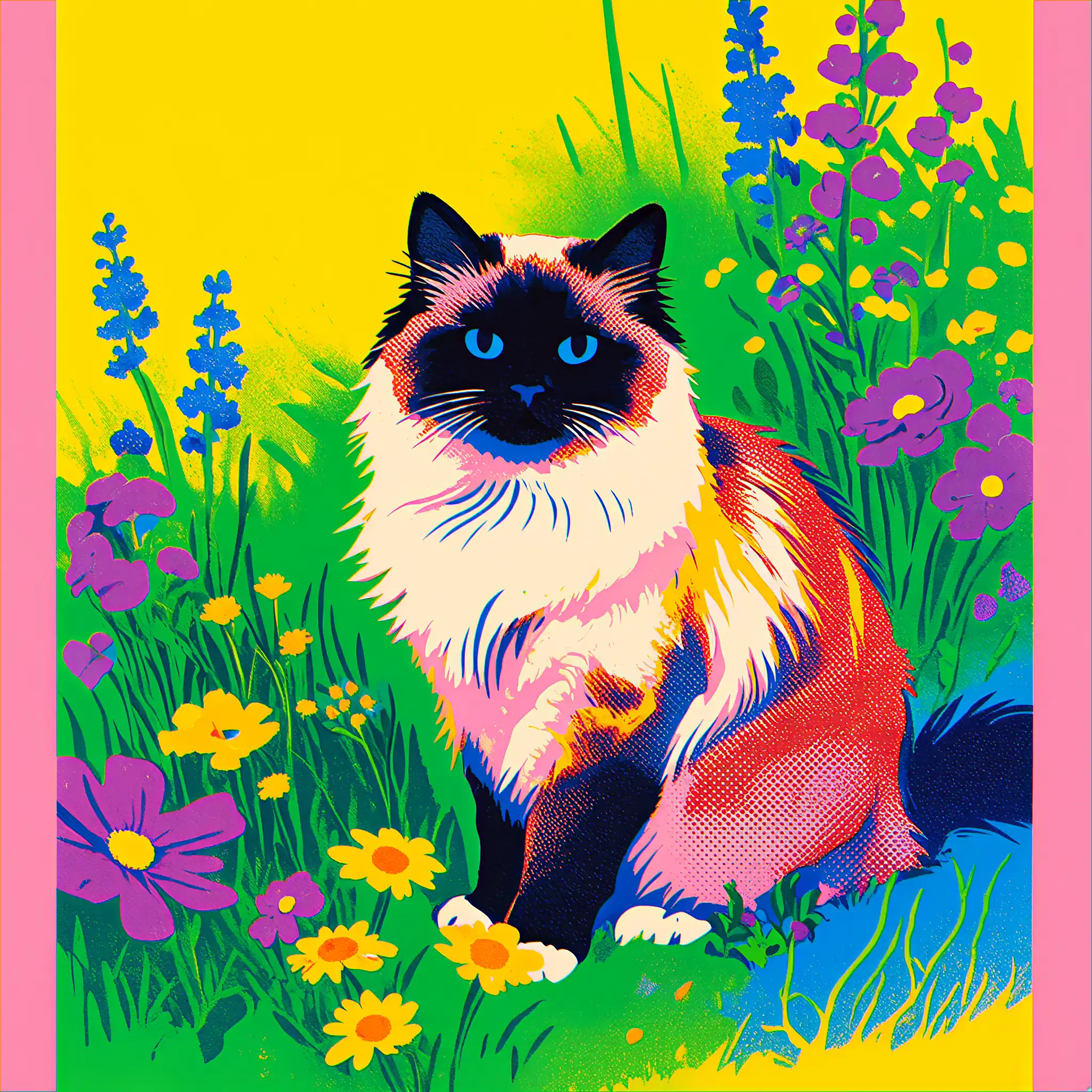 Custom pop art portrait of a Himalayan with bold, vibrant colors