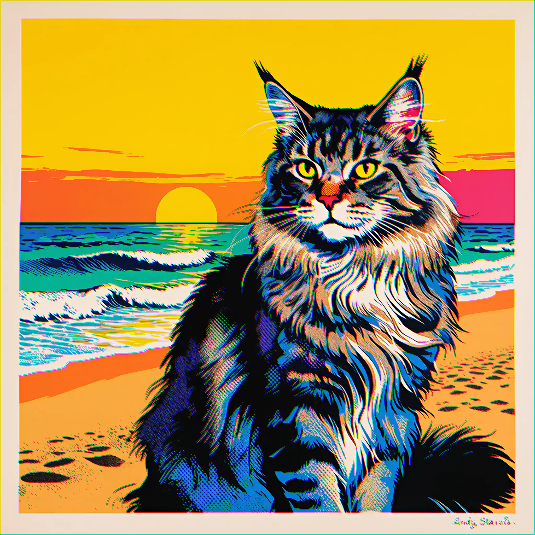 Custom pop art portrait of a Maine Coon with bold, vibrant colors