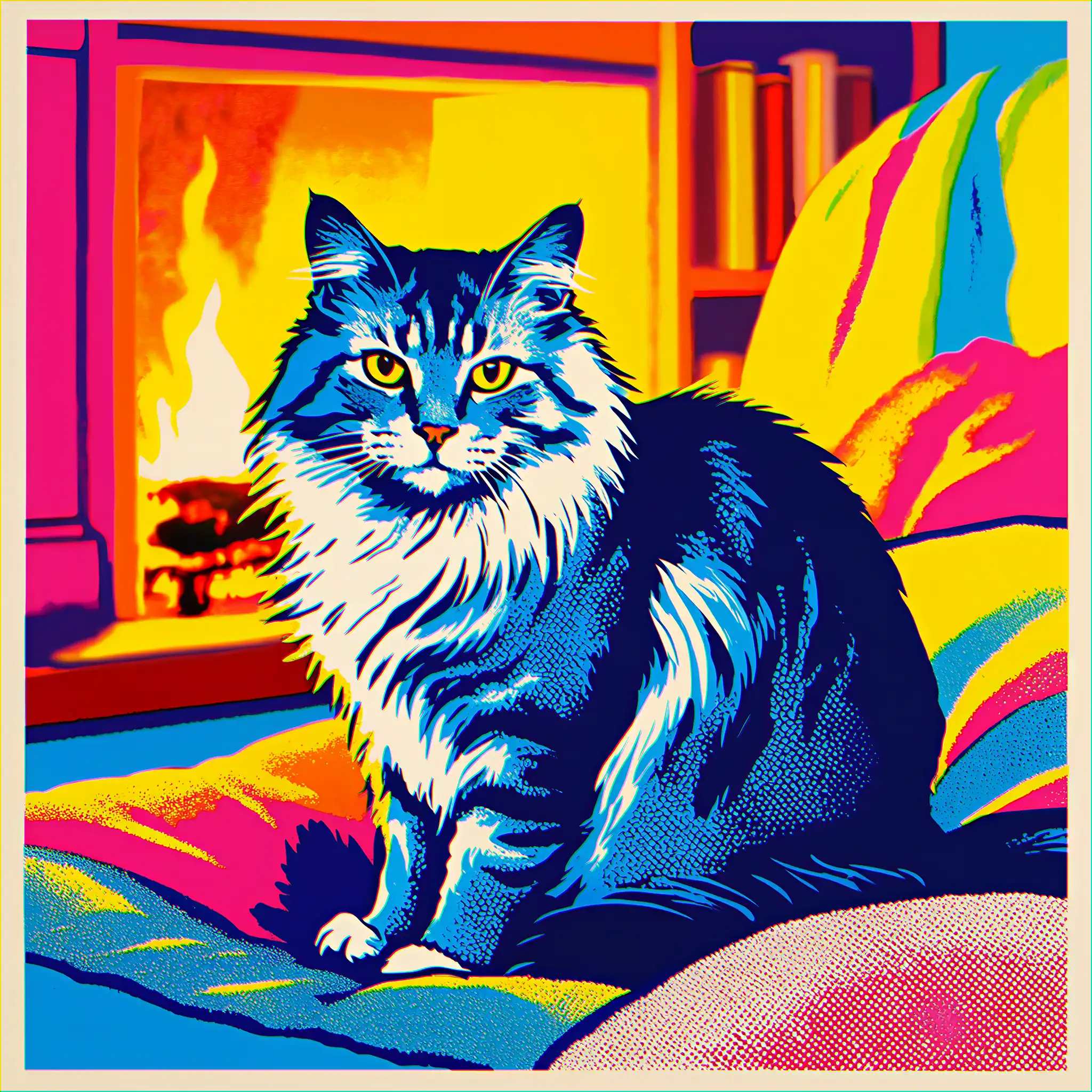 Custom pop art portrait of a Norwegian Forest Cat with bold, vibrant colors