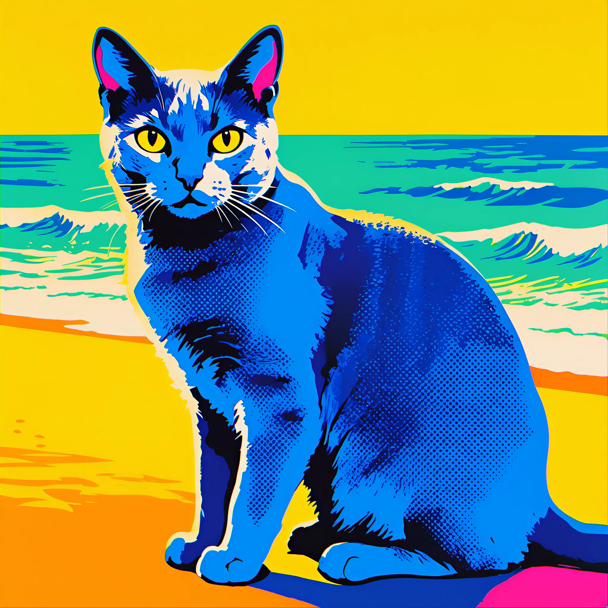 Custom pop art portrait of a Russian Blue with bold, vibrant colors