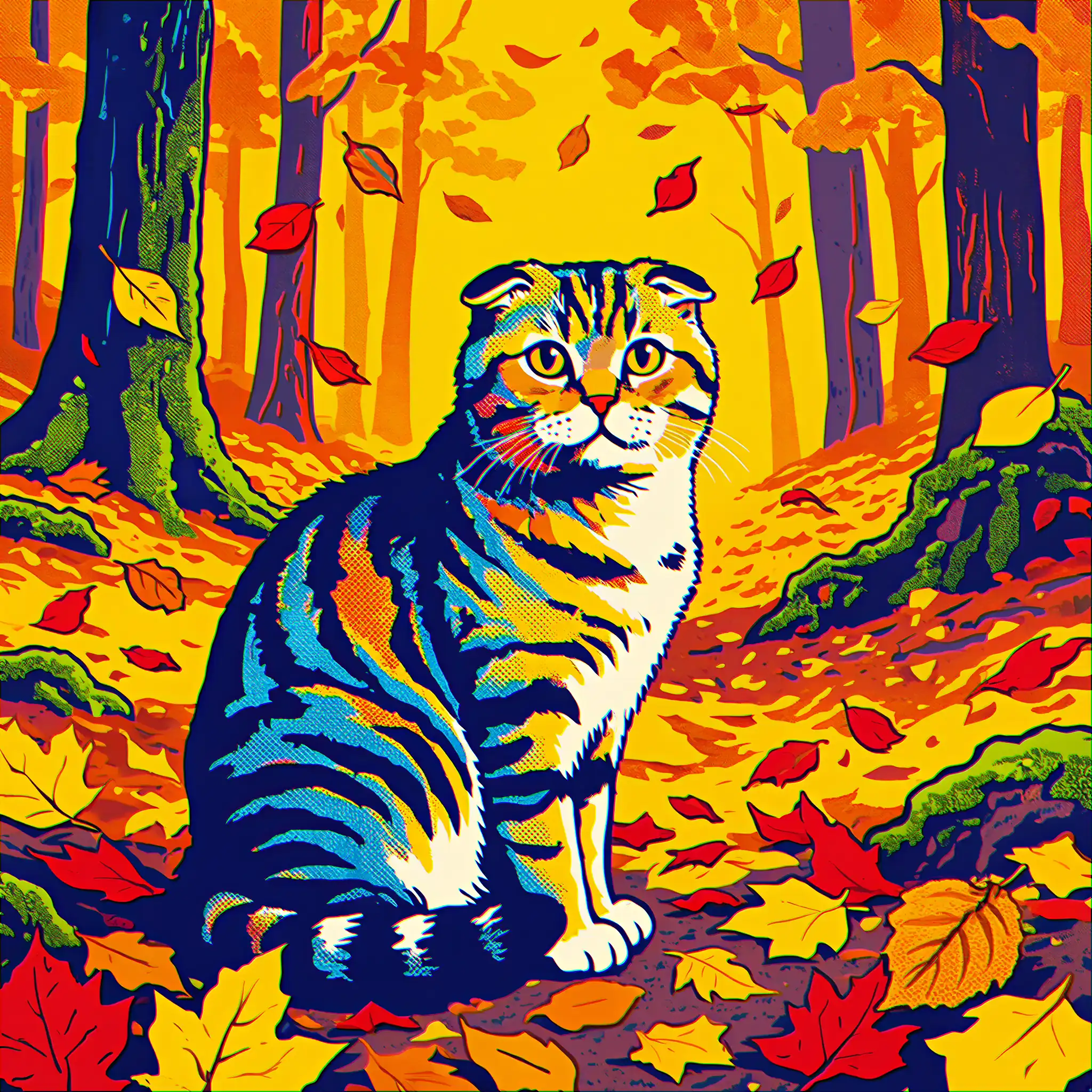 Custom pop art portrait of a Scottish Fold with bold, vibrant colors