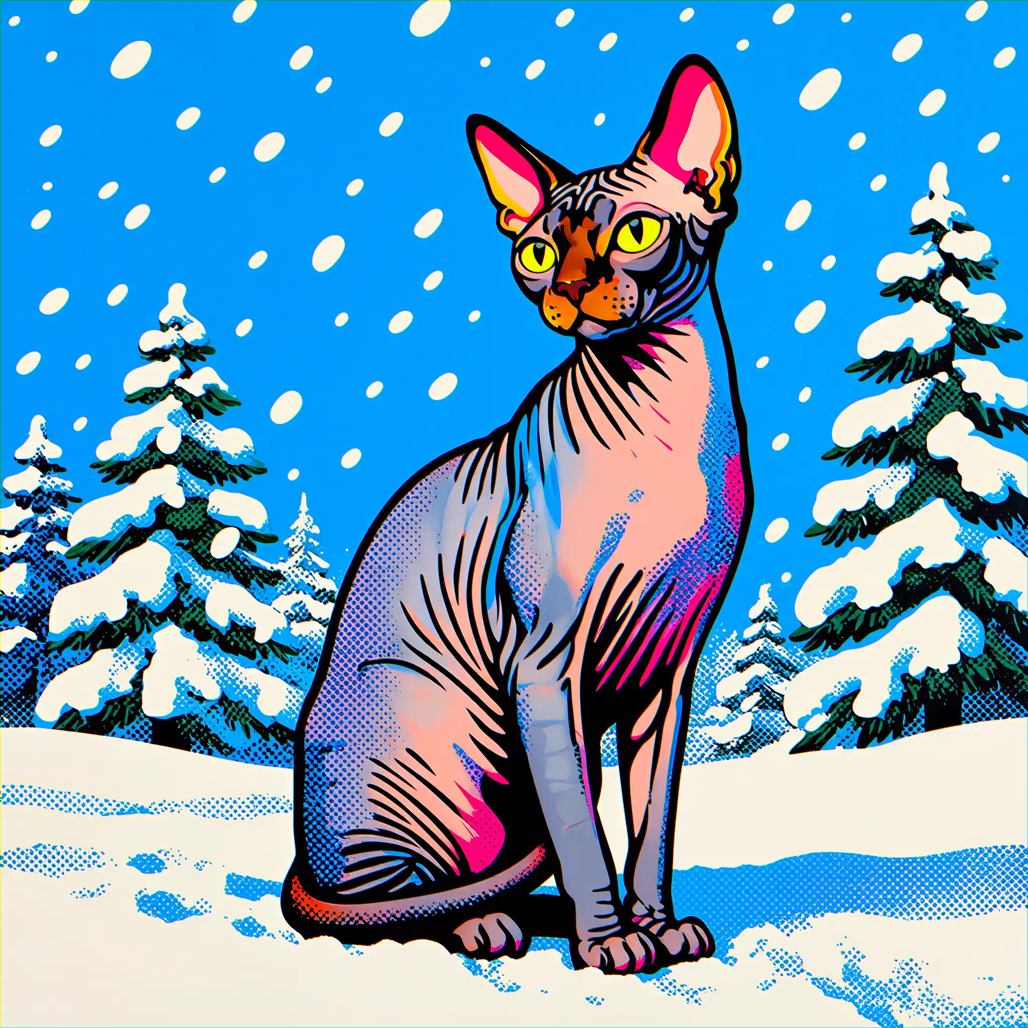 Custom pop art portrait of a Sphynx with bold, vibrant colors