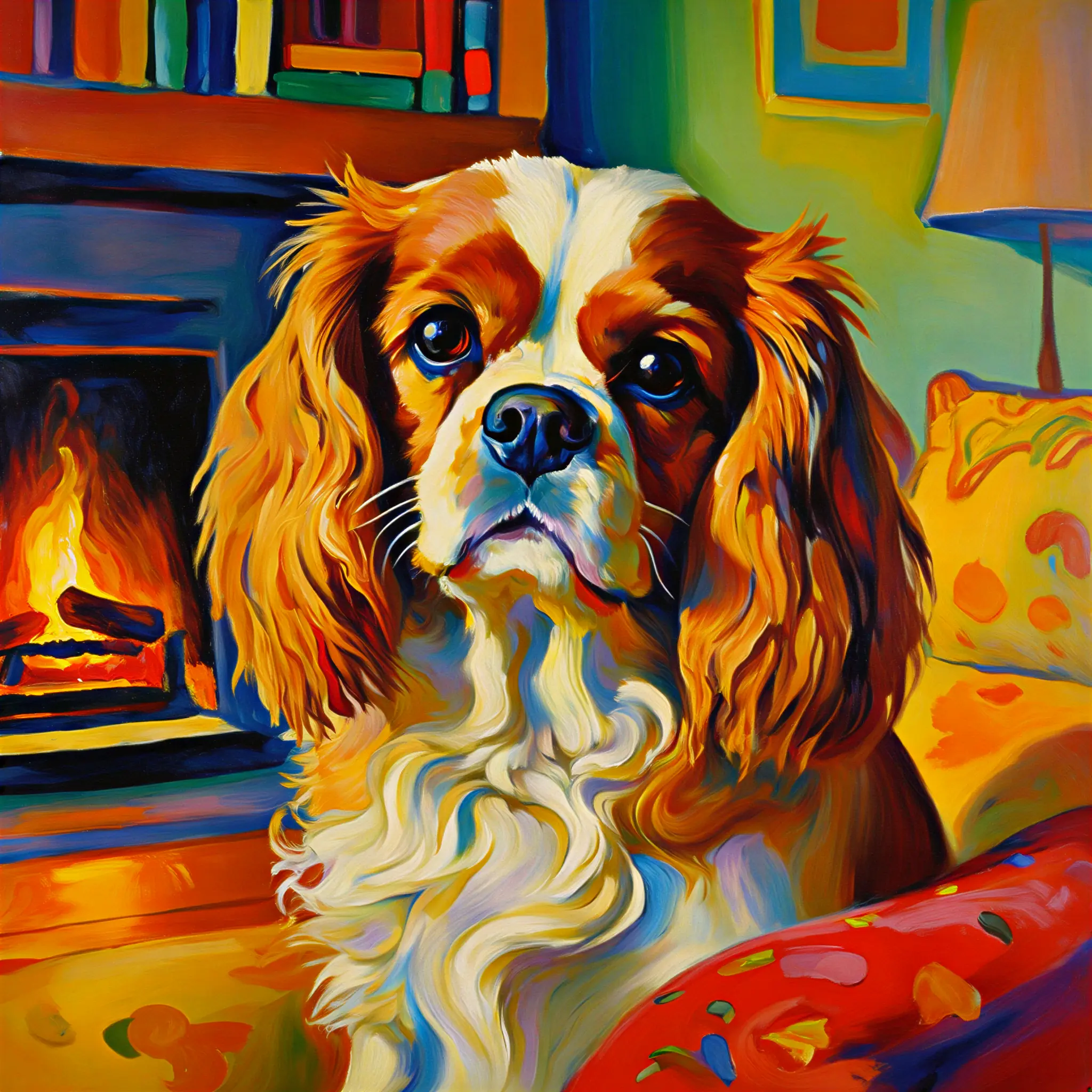 Custom surrealist portrait of a Cavalier King Charles Spaniel with dreamlike fantasy