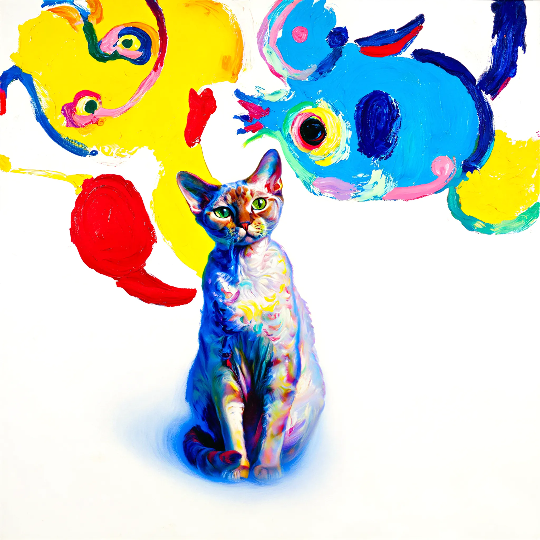 Custom surrealist portrait of a Devon Rex with dreamlike, imaginative detail