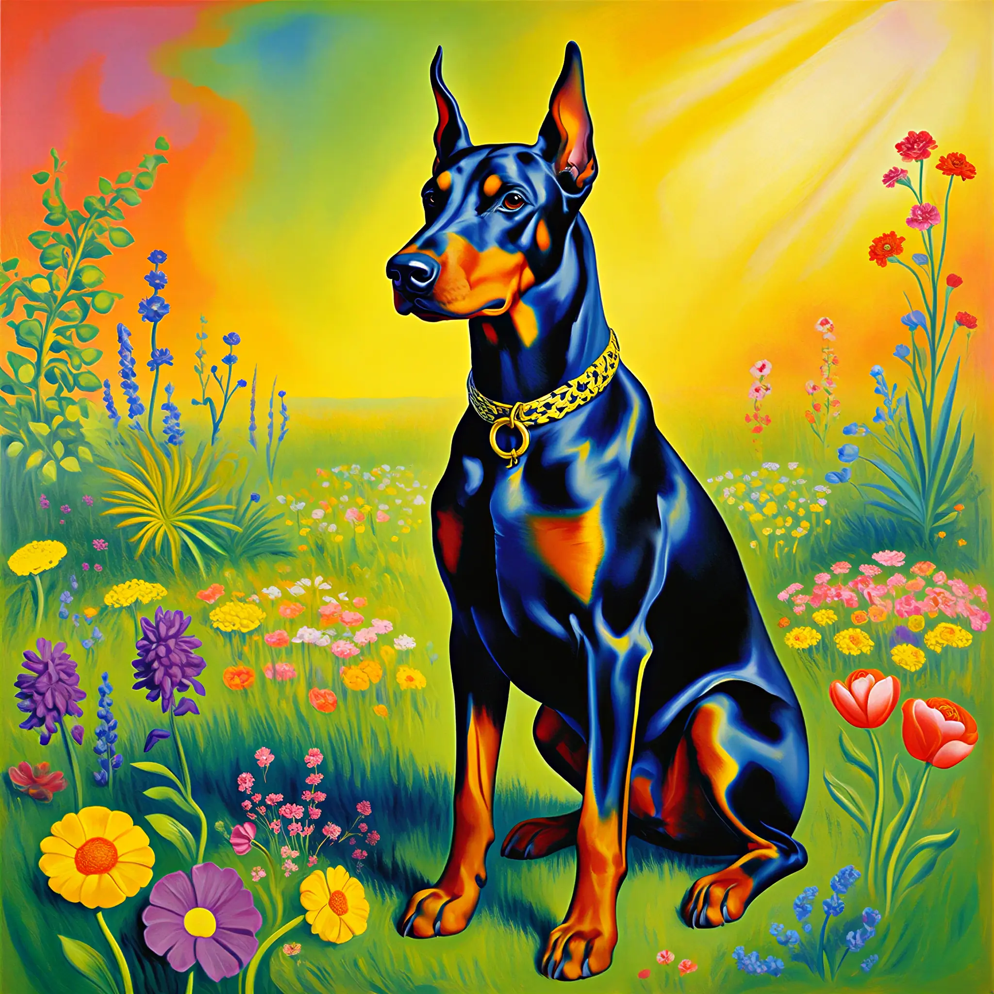 Custom surrealist portrait of a Doberman Pinscher with intense dreamlike drama