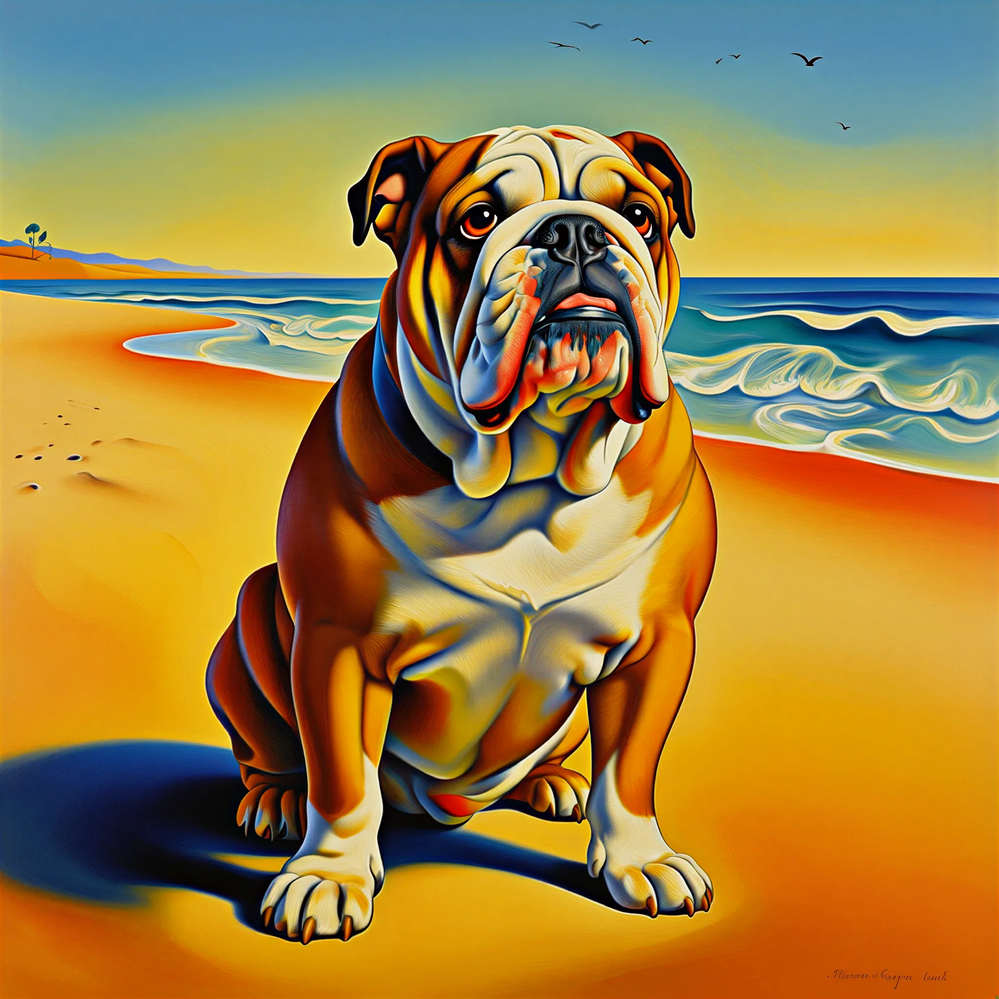 Custom surrealist portrait of an English Bulldog with playful surreal elements
