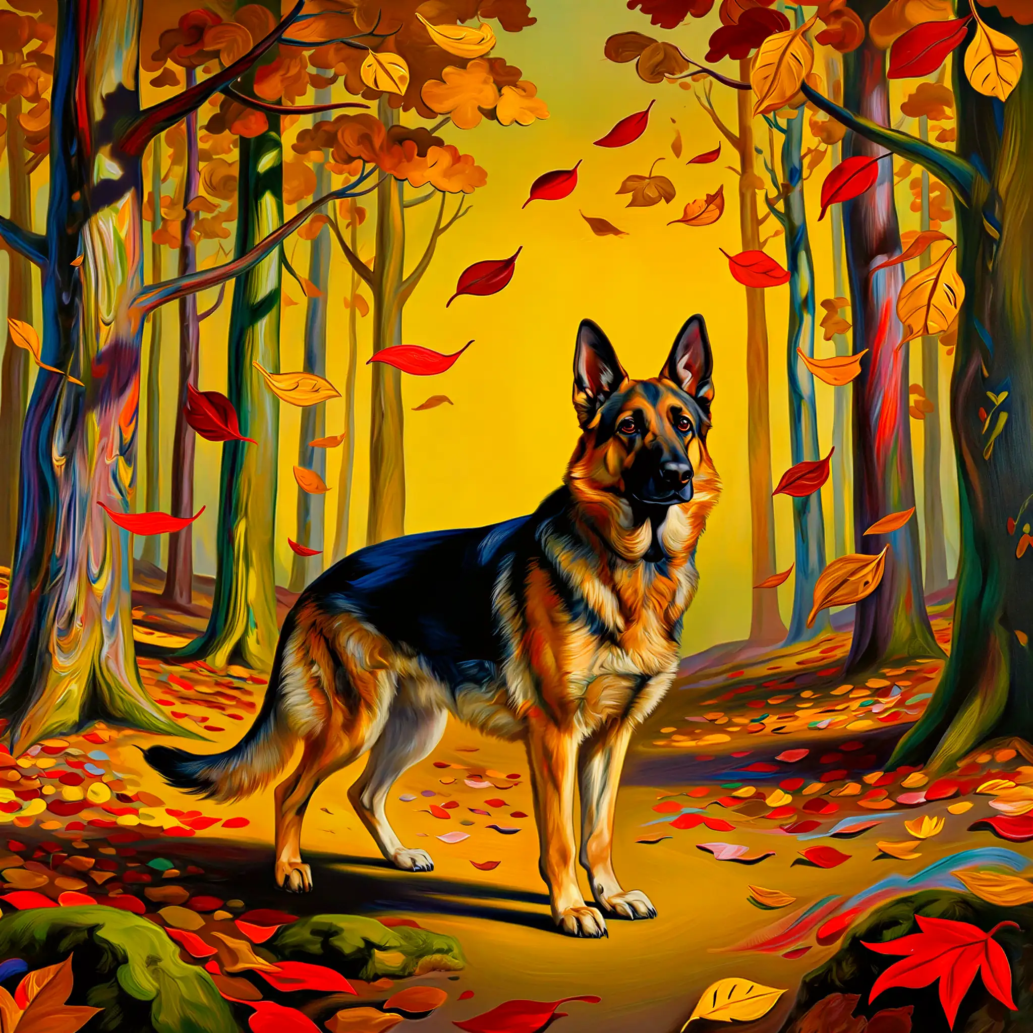 Custom surrealist portrait of a German Shepherd with dramatic otherworldly composition