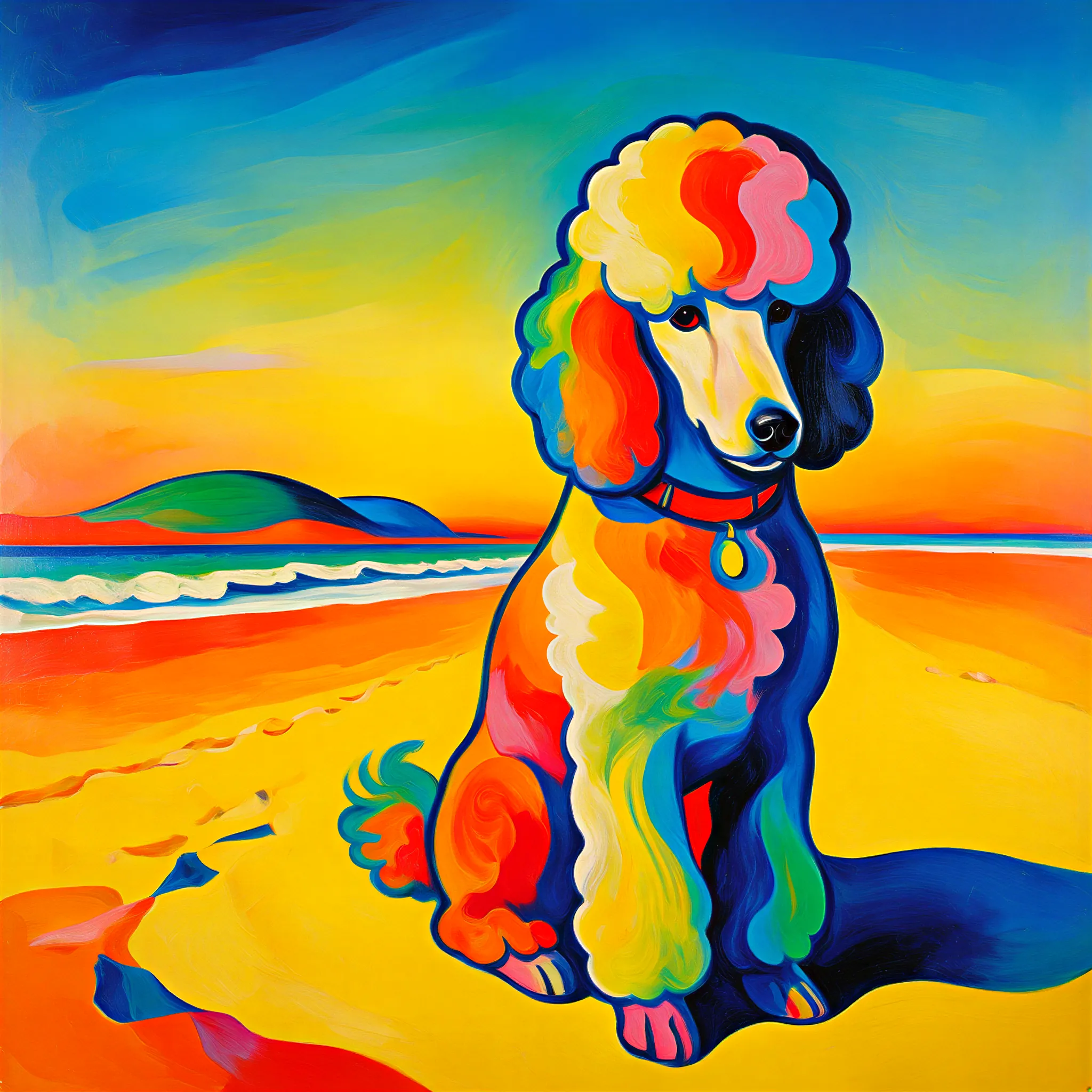 Custom surrealist portrait of a Poodle with elegant, dreamlike fantasy