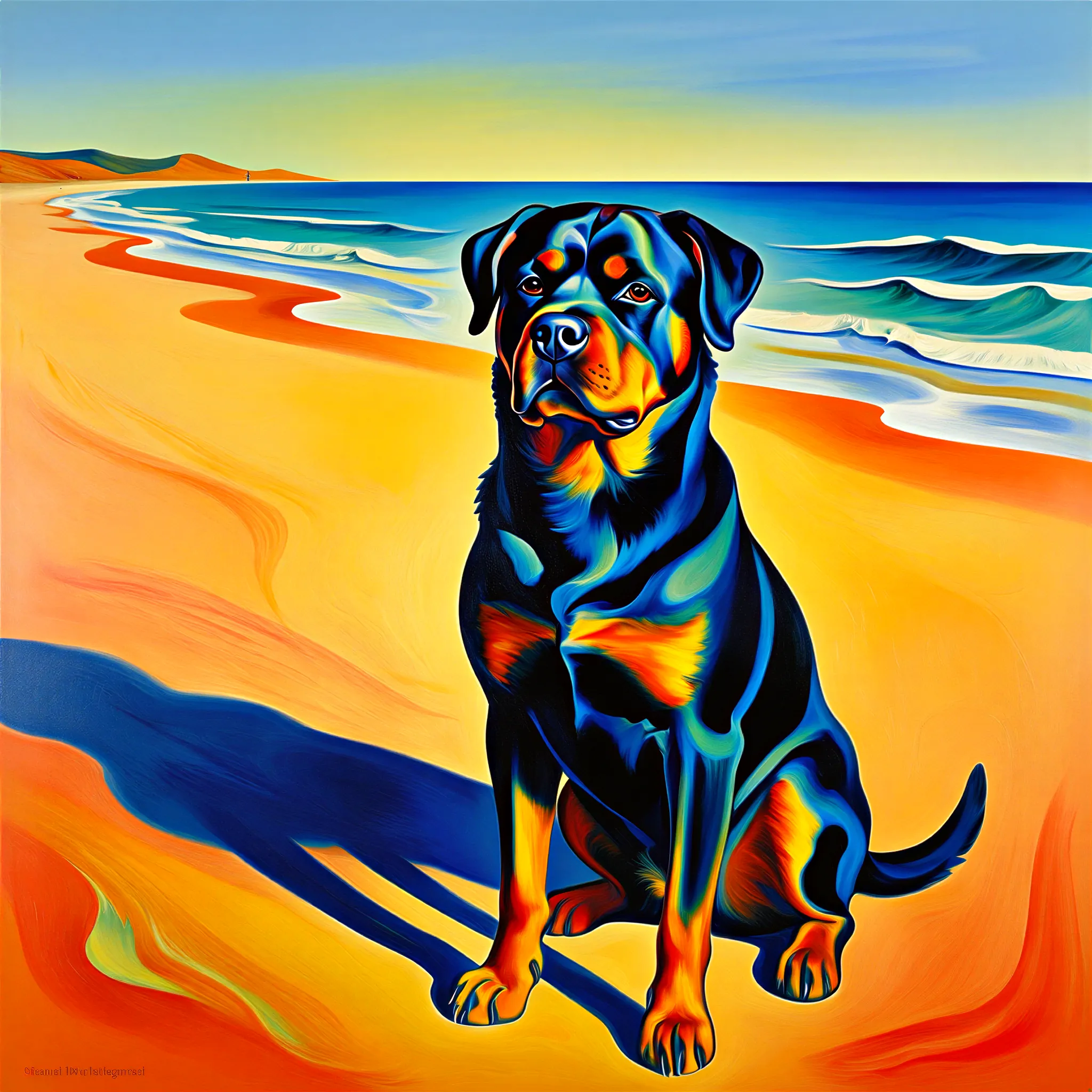 Custom surrealist portrait of a Rottweiler with powerful, surreal drama
