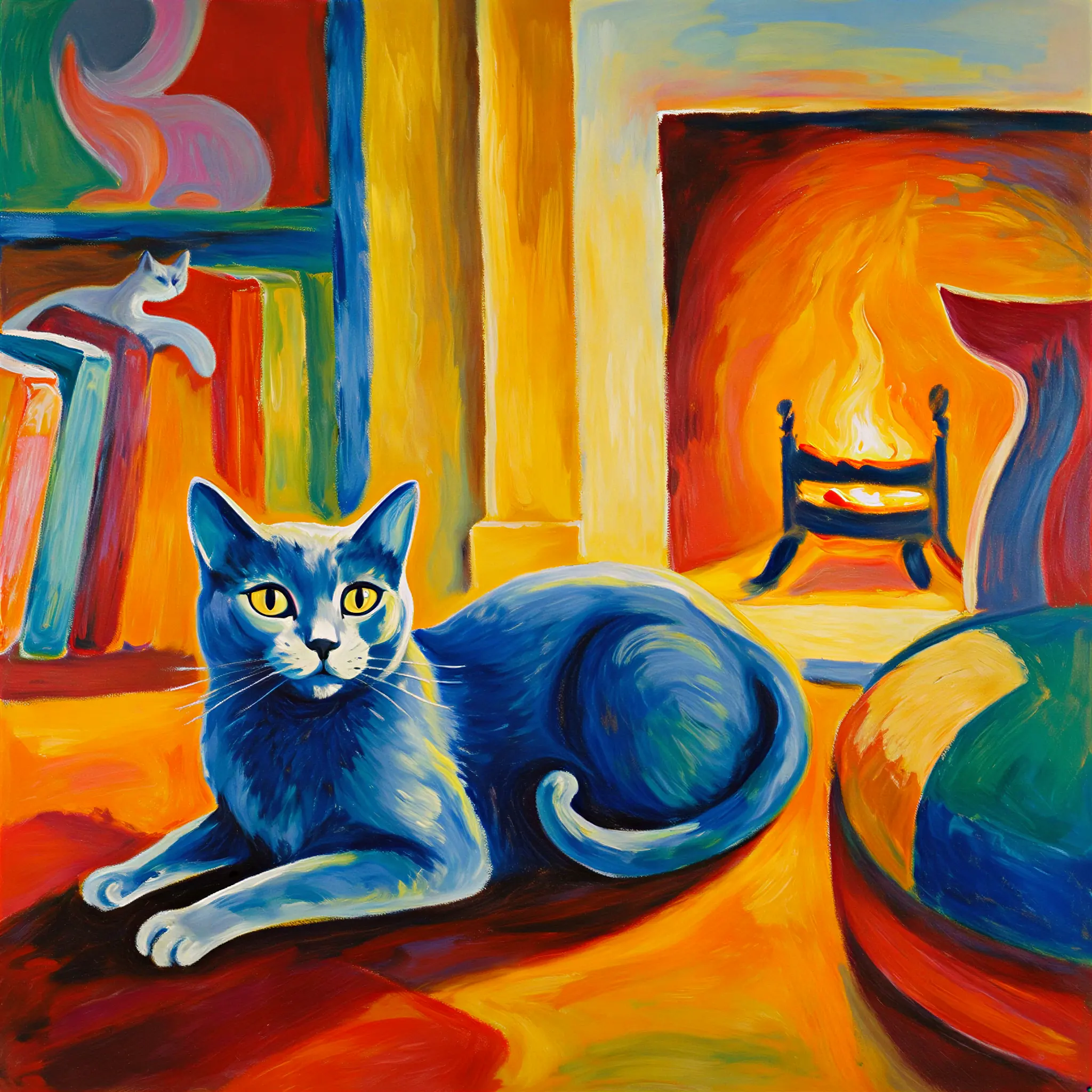 Custom surrealist portrait of a Russian Blue with dreamlike, imaginative detail