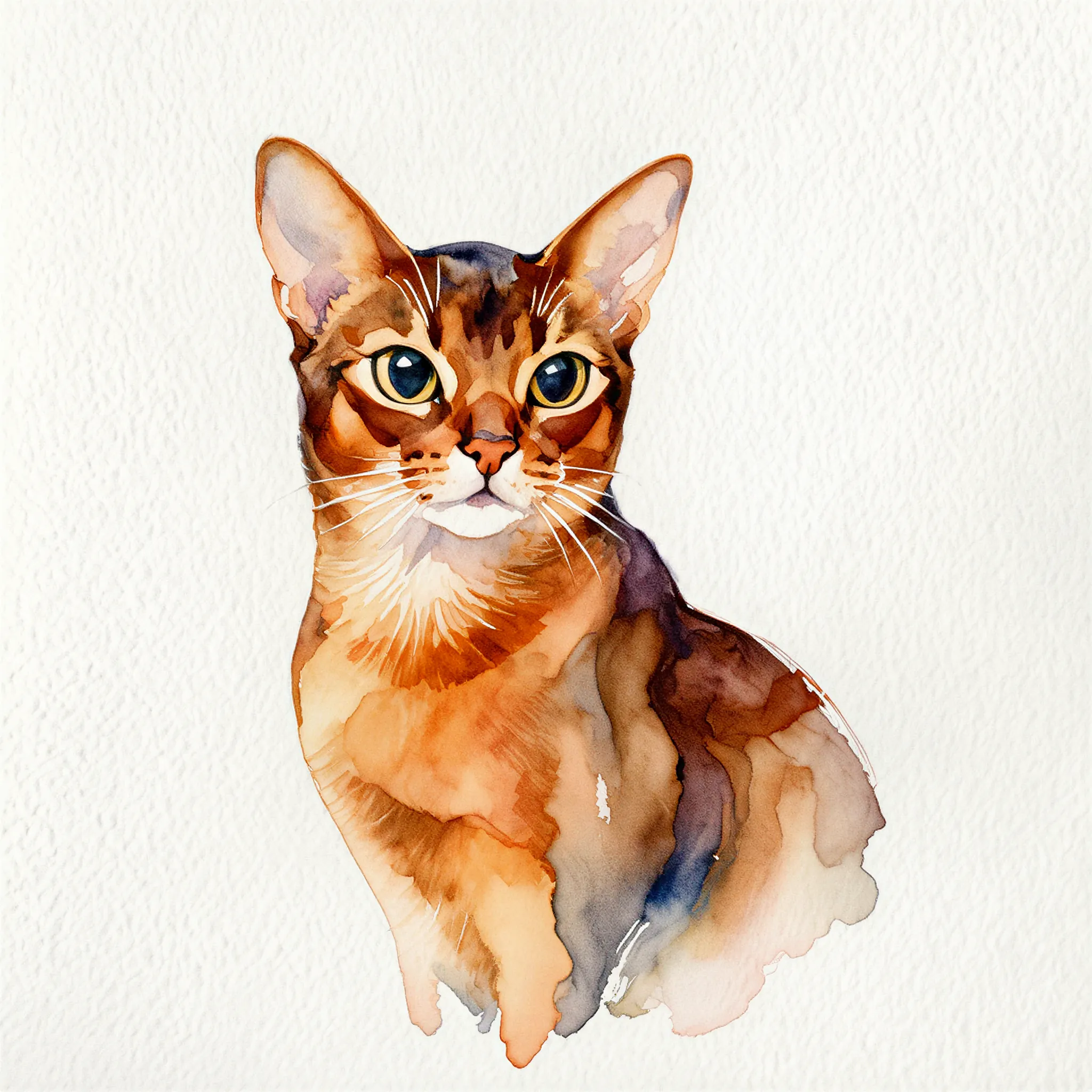 Custom watercolor portrait of a Abyssinian with soft, luminous brushwork
