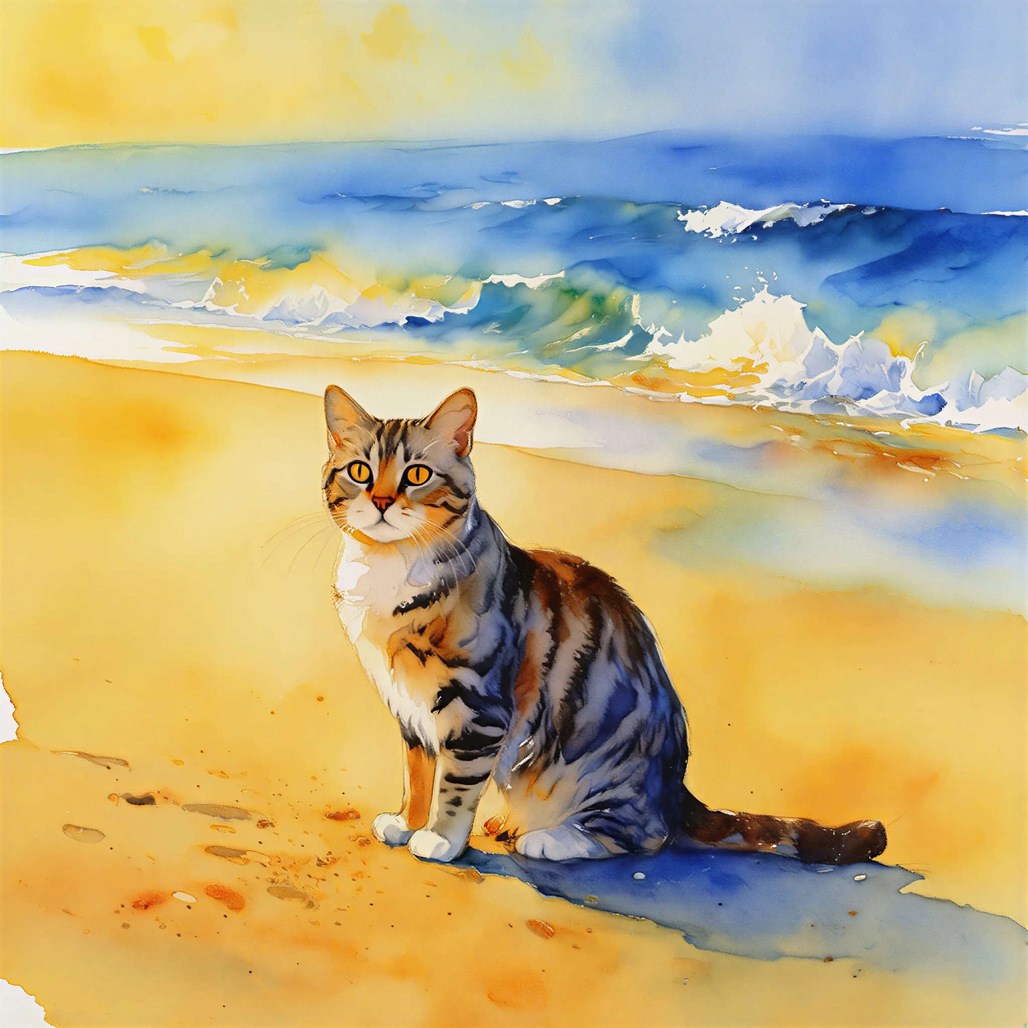 Custom watercolor portrait of a American Shorthair with soft, luminous brushwork