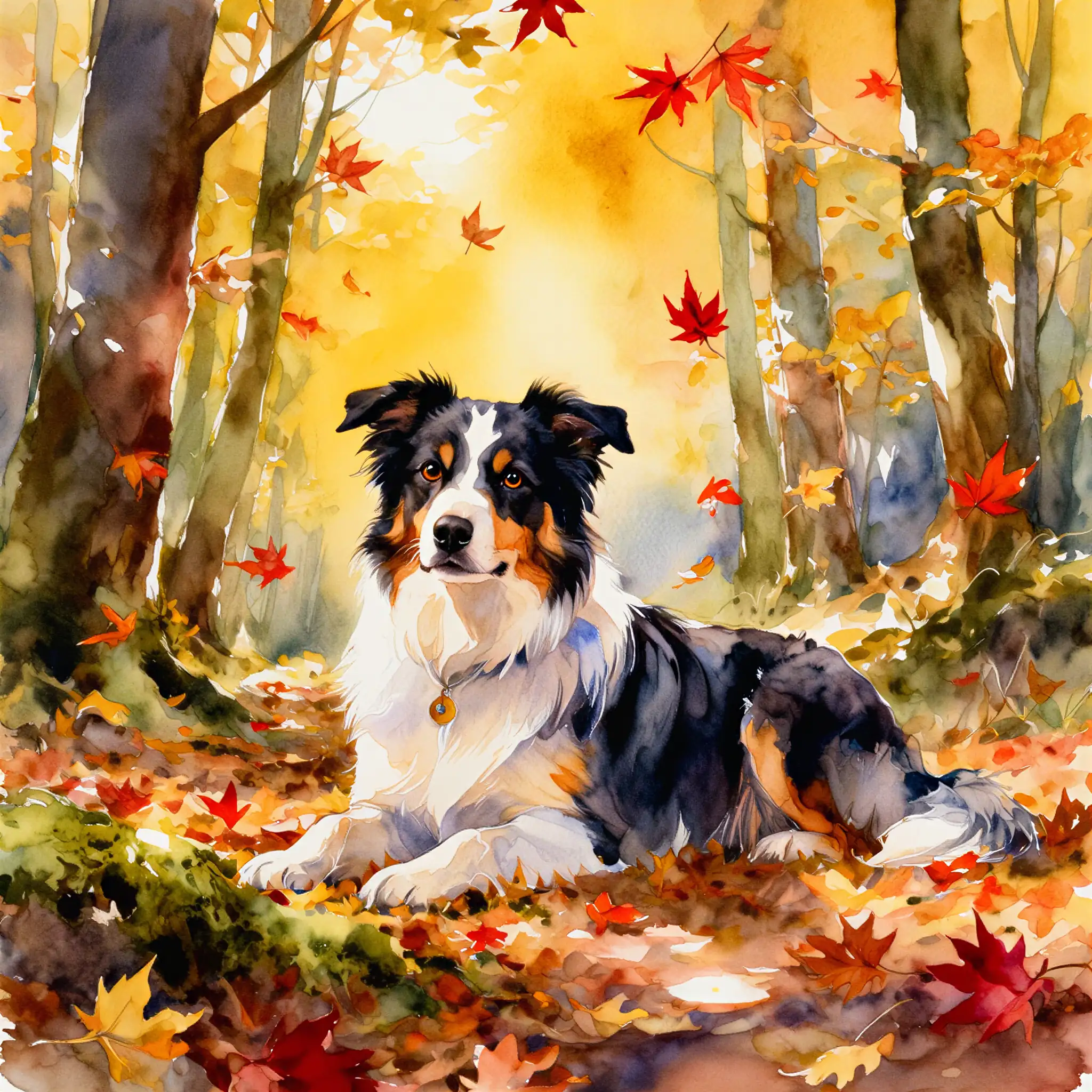 Custom watercolor portrait of an Australian Shepherd with flowing, luminous color