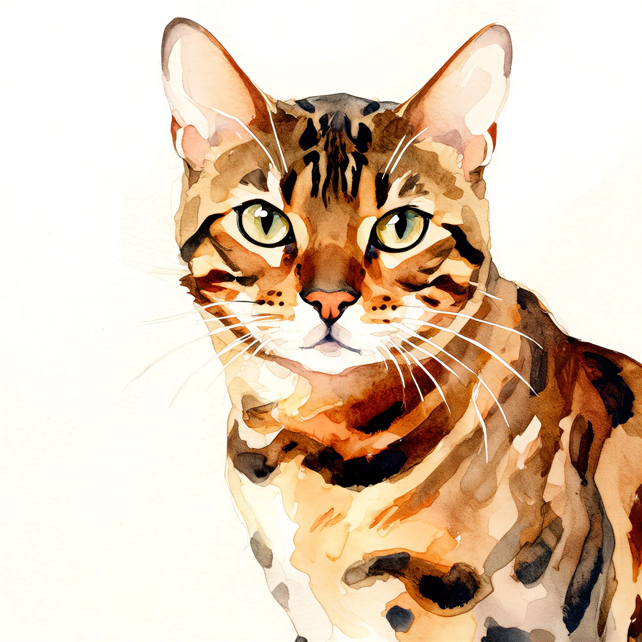 Custom watercolor portrait of a Bengal with soft, luminous brushwork