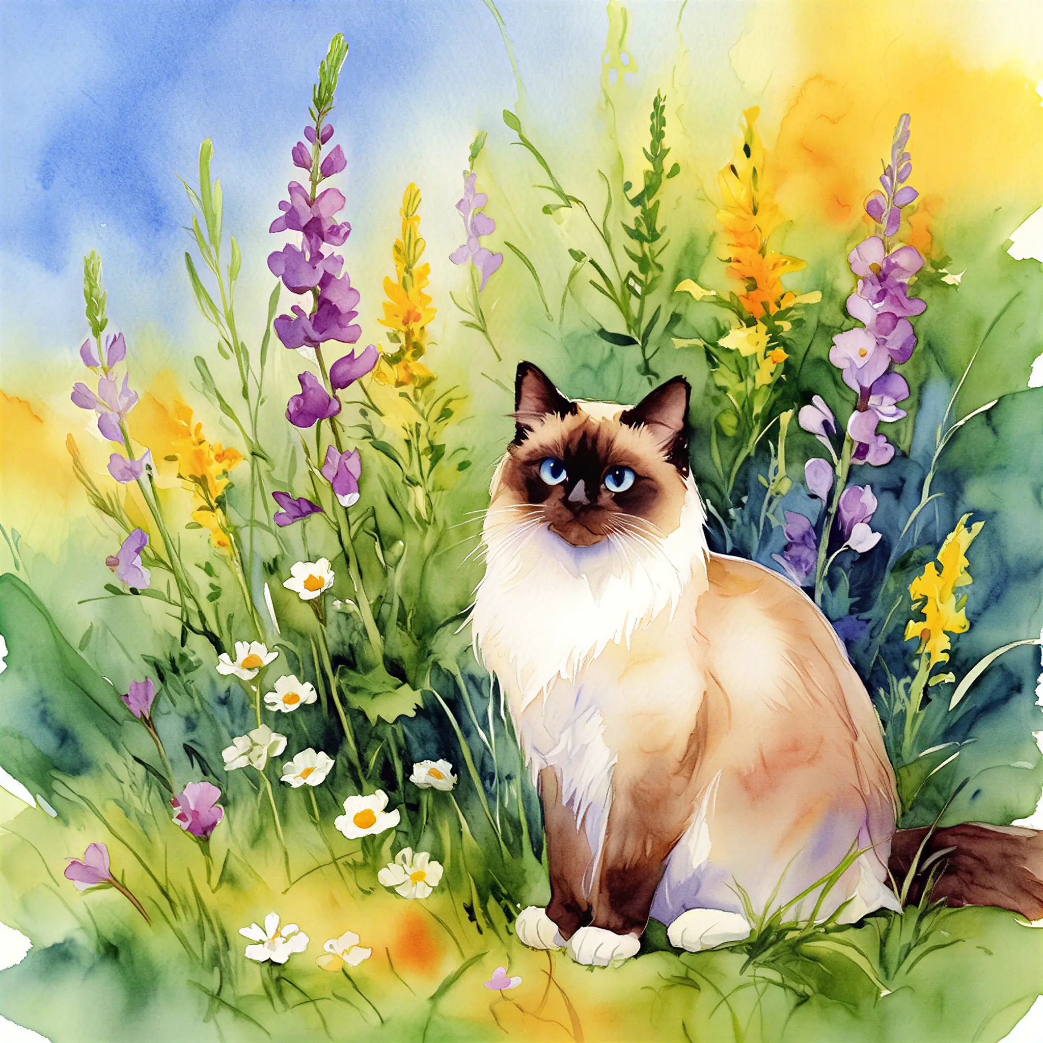 Custom watercolor portrait of a Birman with soft, luminous brushwork