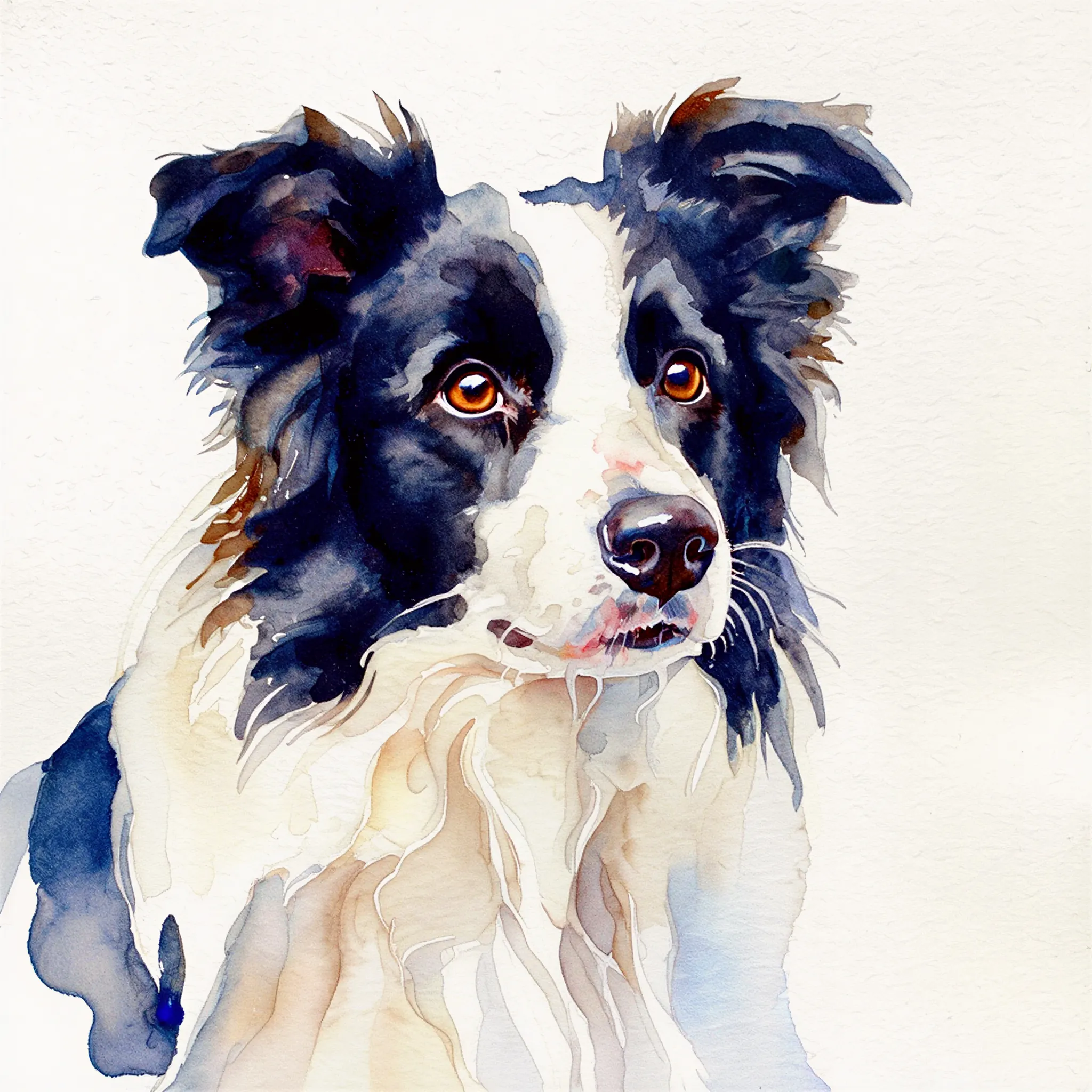 Custom watercolor portrait of a Border Collie with gentle, flowing brushwork