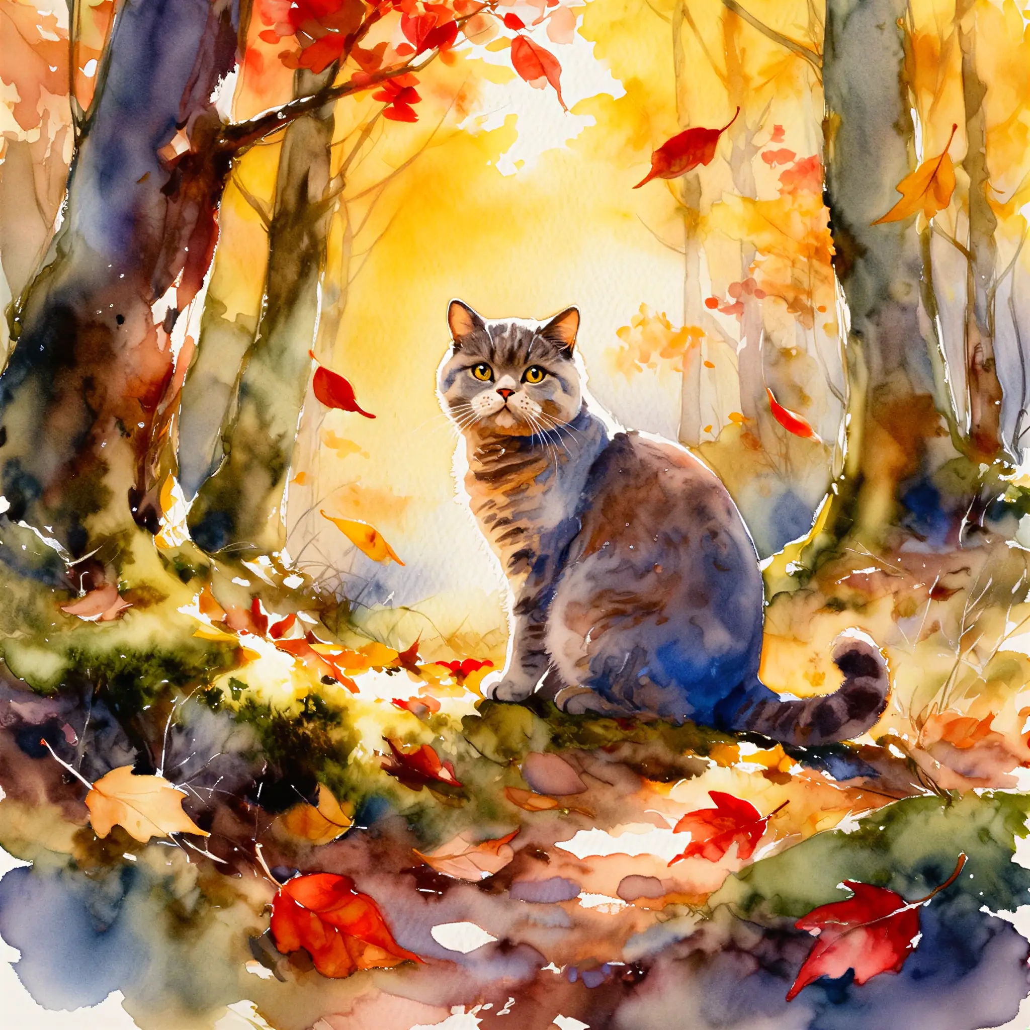 Custom watercolor portrait of a British Shorthair with soft, luminous brushwork