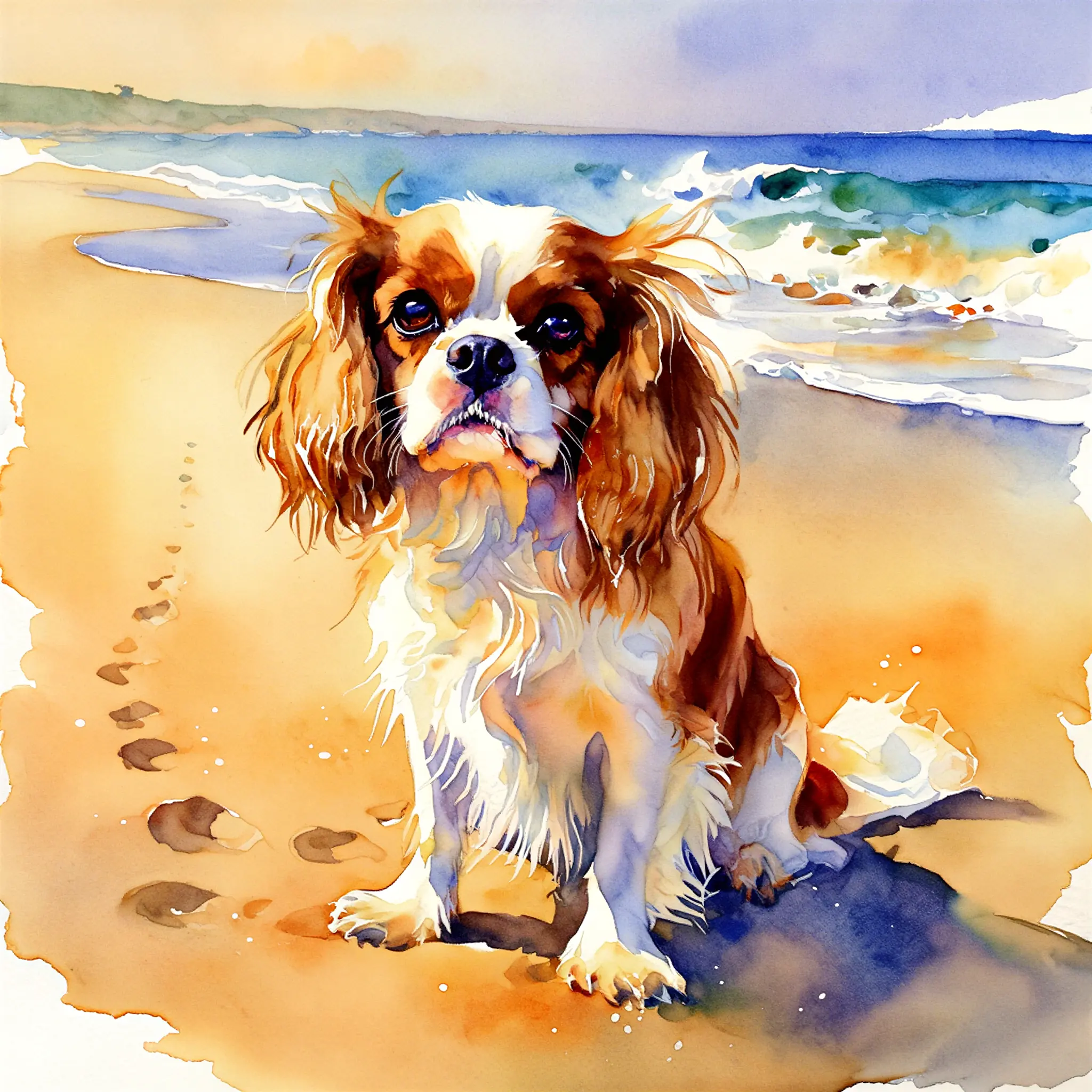Custom watercolor portrait of a Cavalier King Charles Spaniel with delicate, luminous color