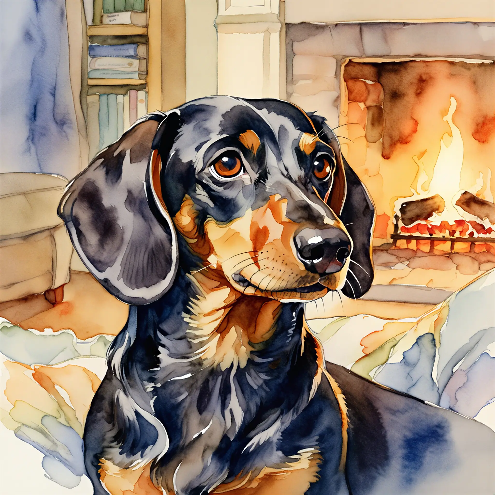 Custom watercolor portrait of a Dachshund with gentle, flowing washes