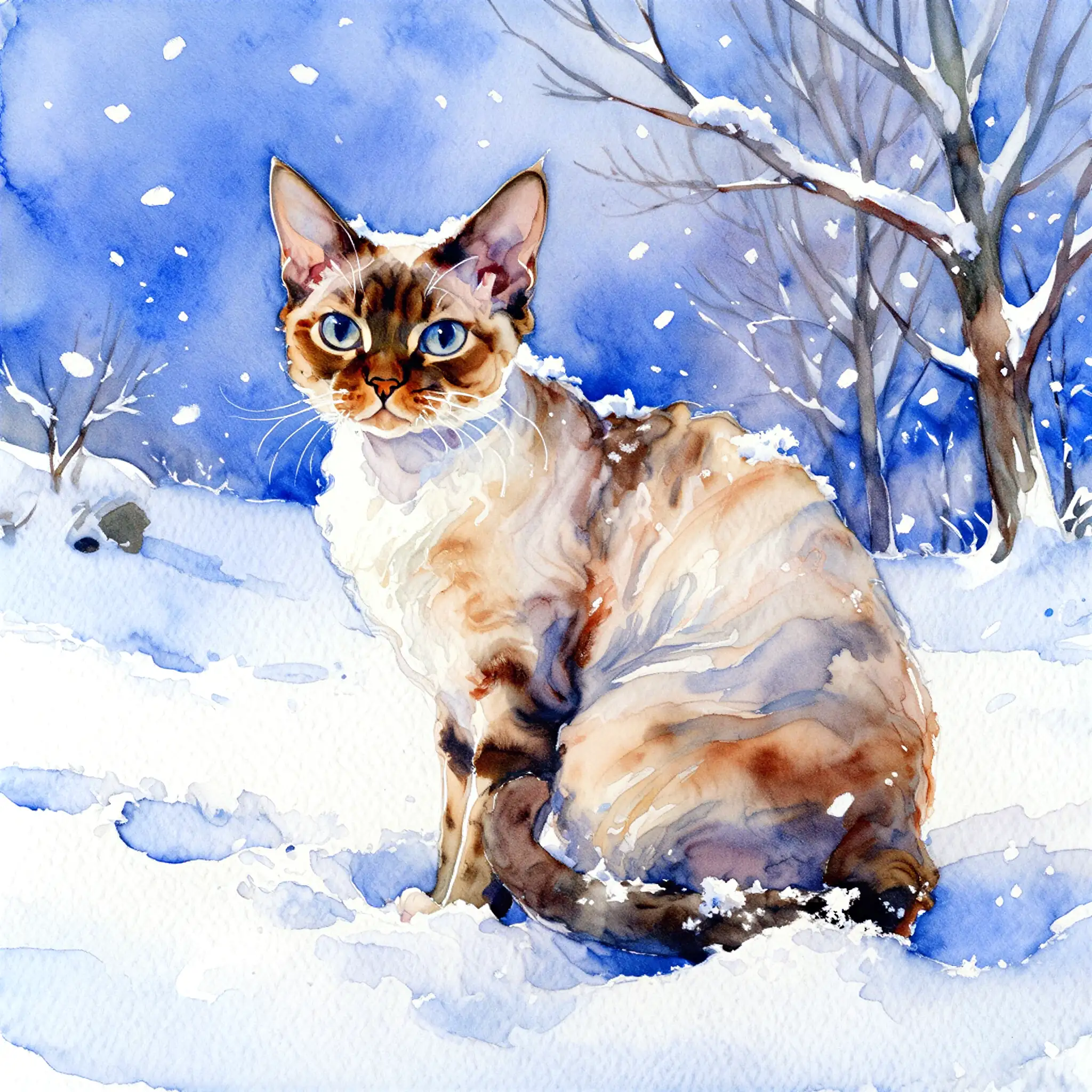 Custom watercolor portrait of a Devon Rex with soft, luminous brushwork