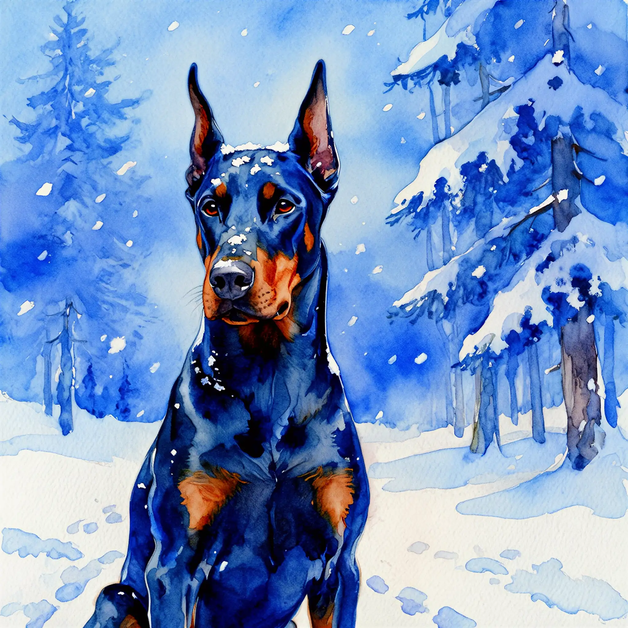 Custom watercolor portrait of a Doberman Pinscher with elegant, flowing color