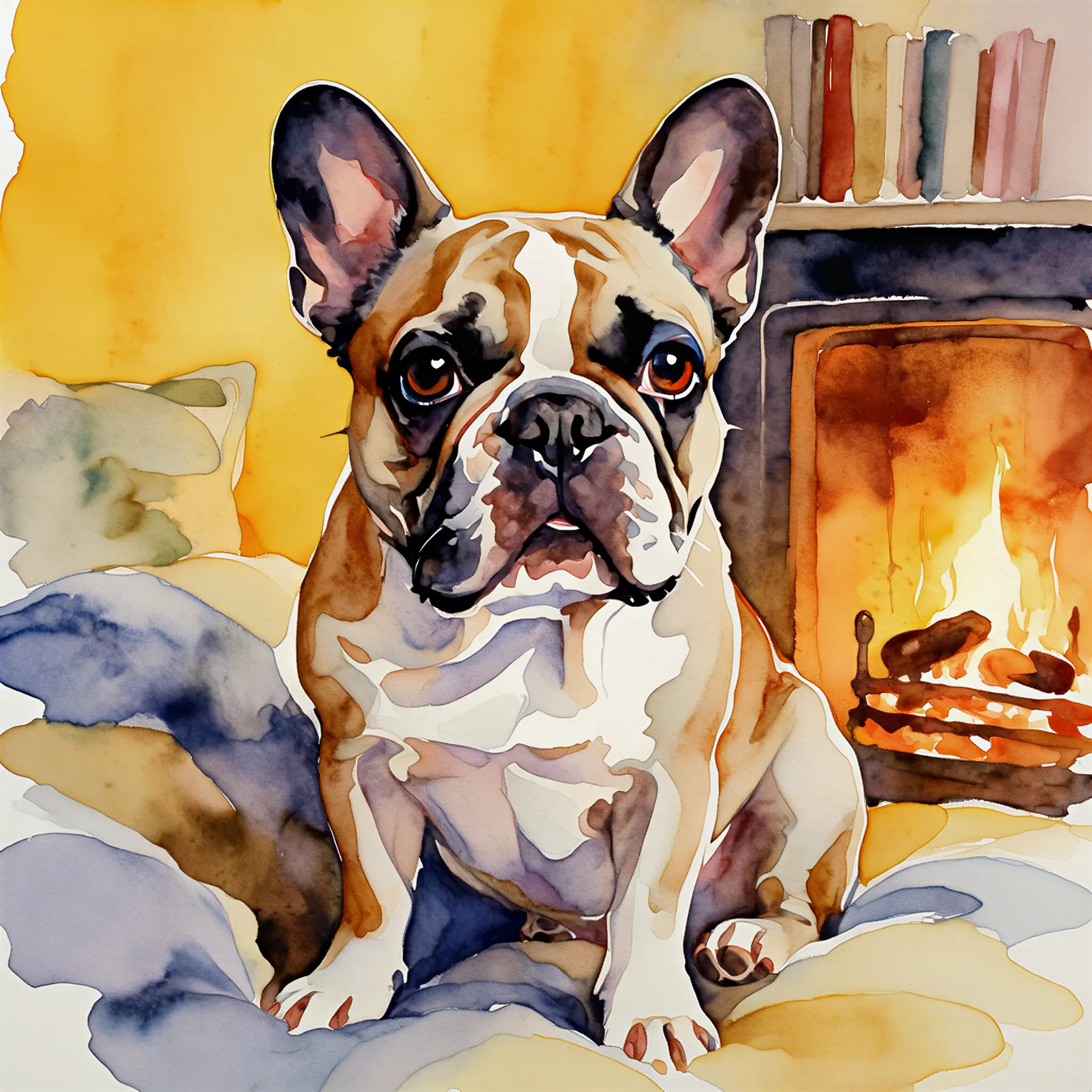 Custom watercolor portrait of a French Bulldog with soft, dreamy tones