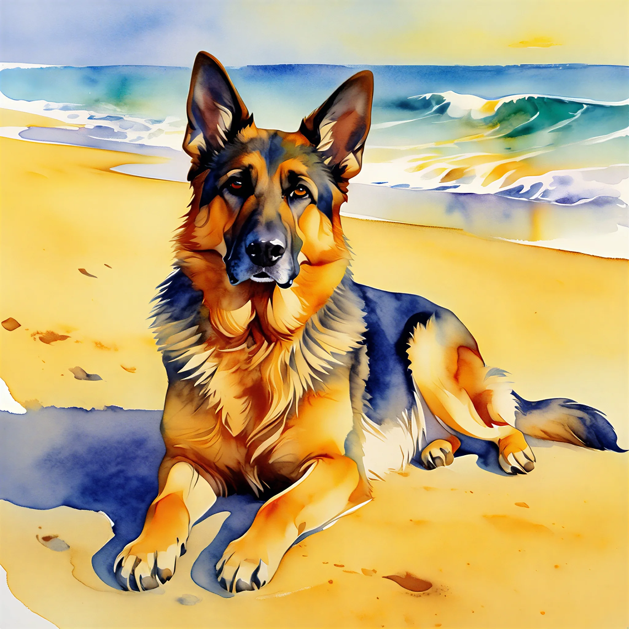 Custom watercolor portrait of a German Shepherd with rich, luminous brushwork