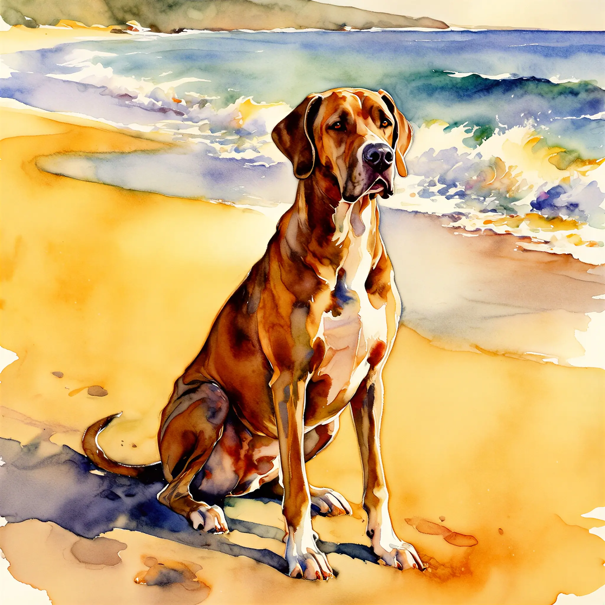 Custom watercolor portrait of a Great Dane with graceful, sweeping color washes
