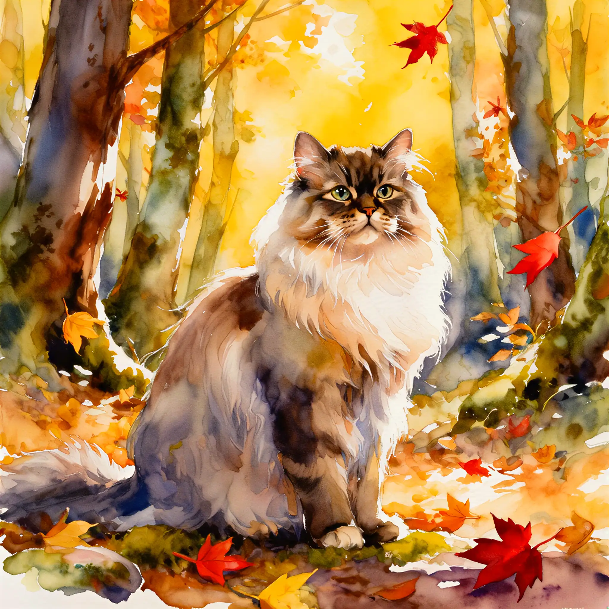 Custom watercolor portrait of a Himalayan with soft, luminous brushwork