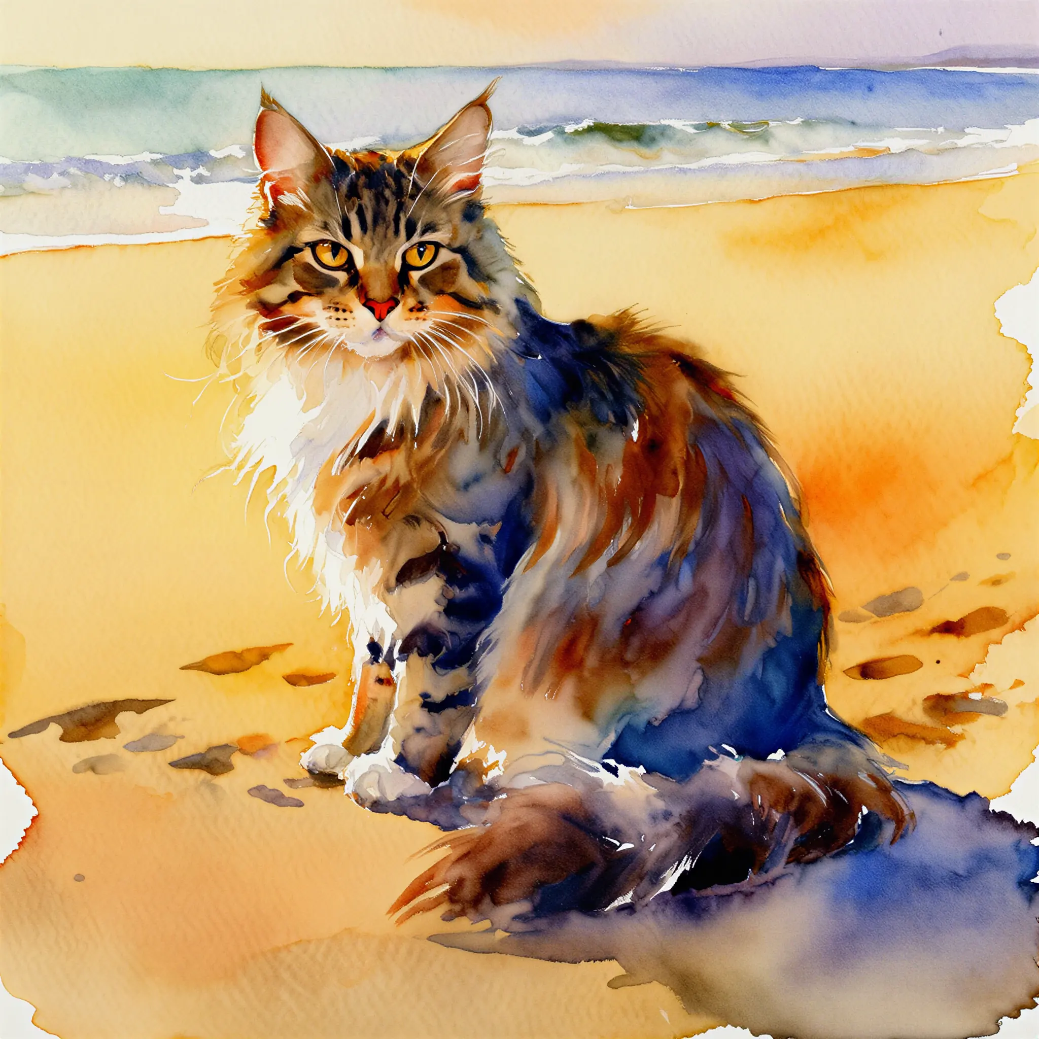 Custom watercolor portrait of a Maine Coon with soft, luminous brushwork