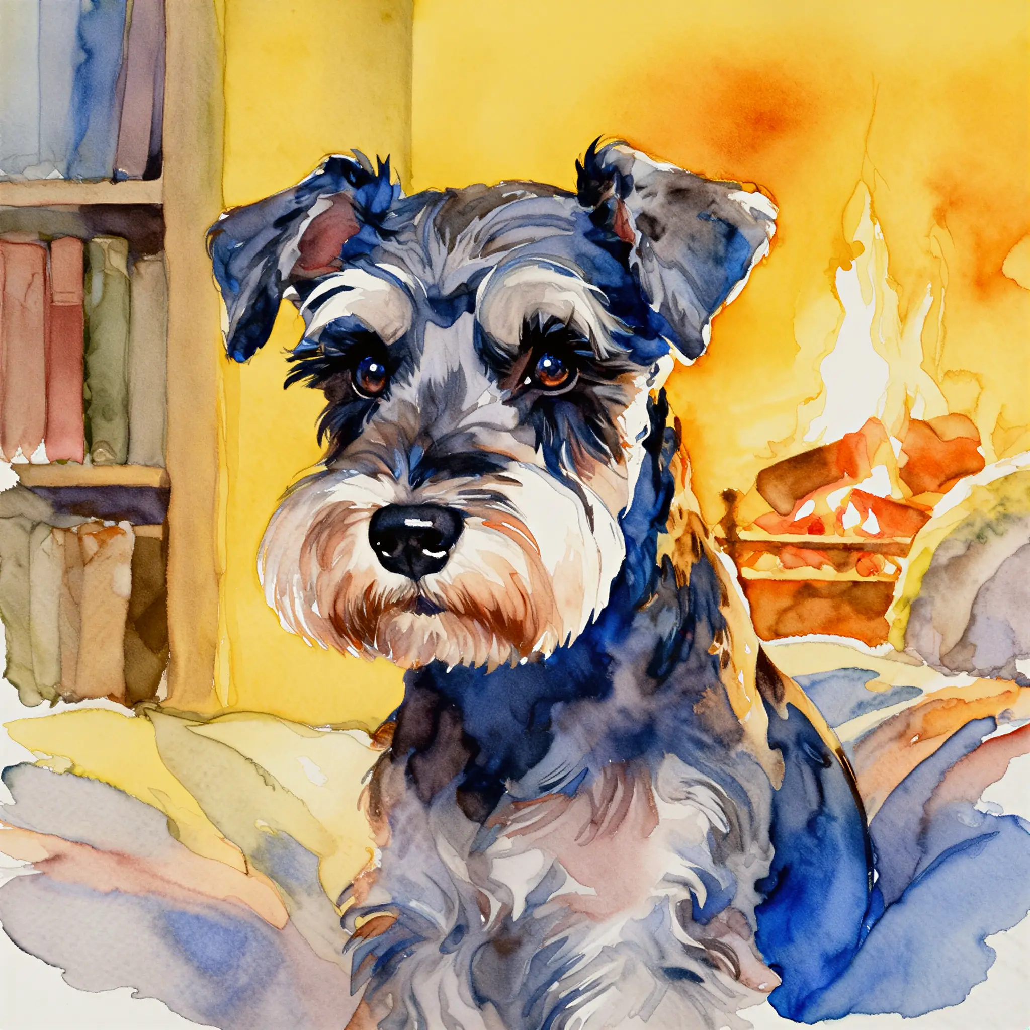 Custom watercolor portrait of a Miniature Schnauzer with soft, feathered detail